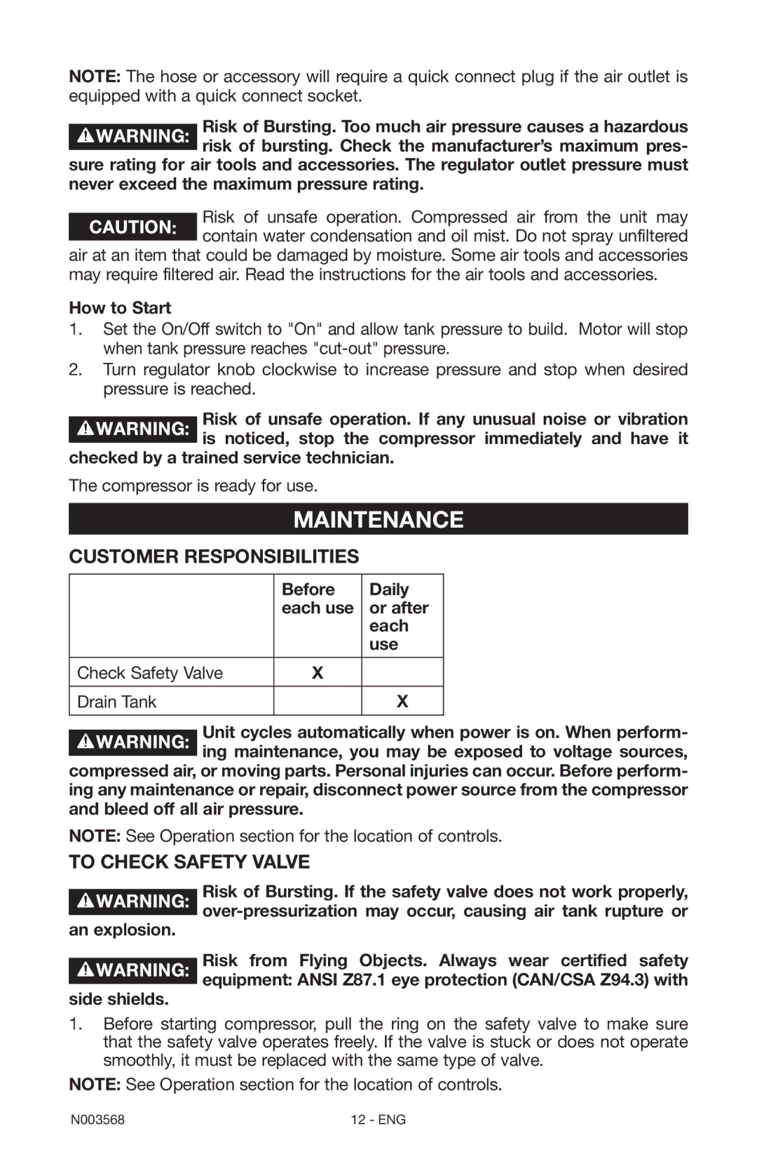 Porter-Cable N003568 instruction manual Maintenance, Customer Responsibilities, To Check Safety Valve, How to Start 