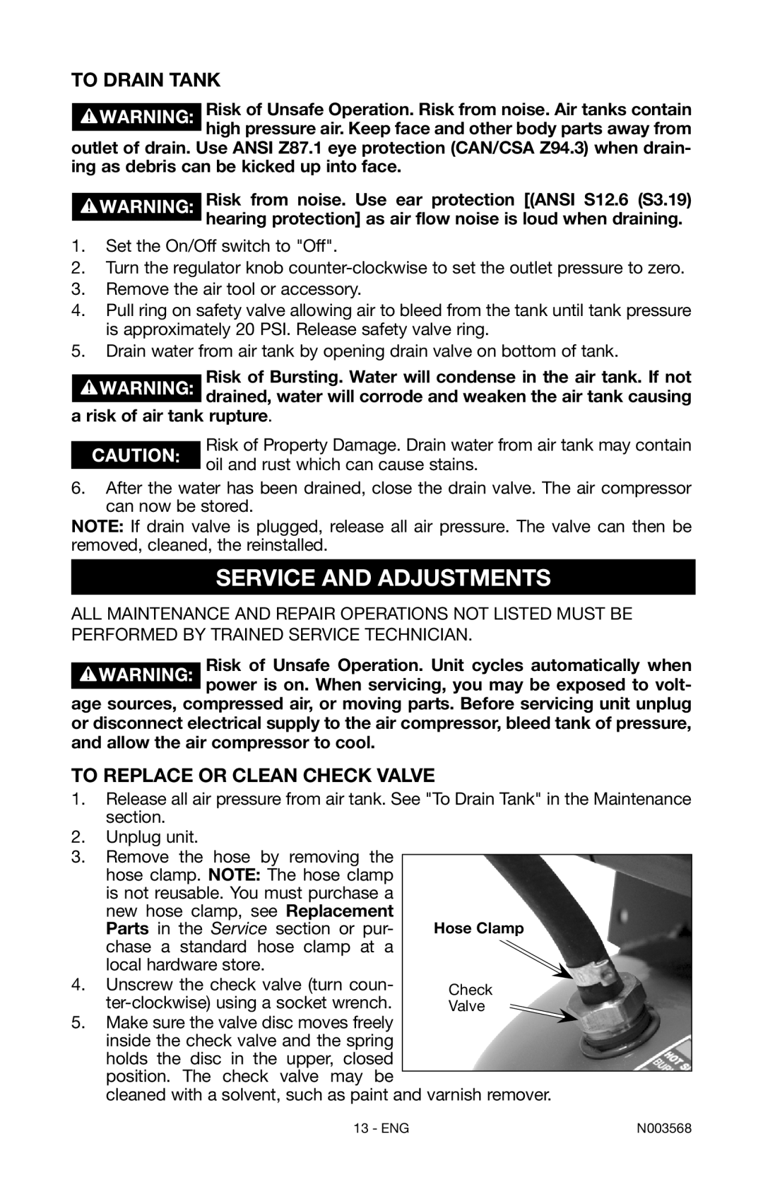 Porter-Cable N003568 instruction manual Service and Adjustments, To Drain Tank, To Replace or Clean Check Valve 