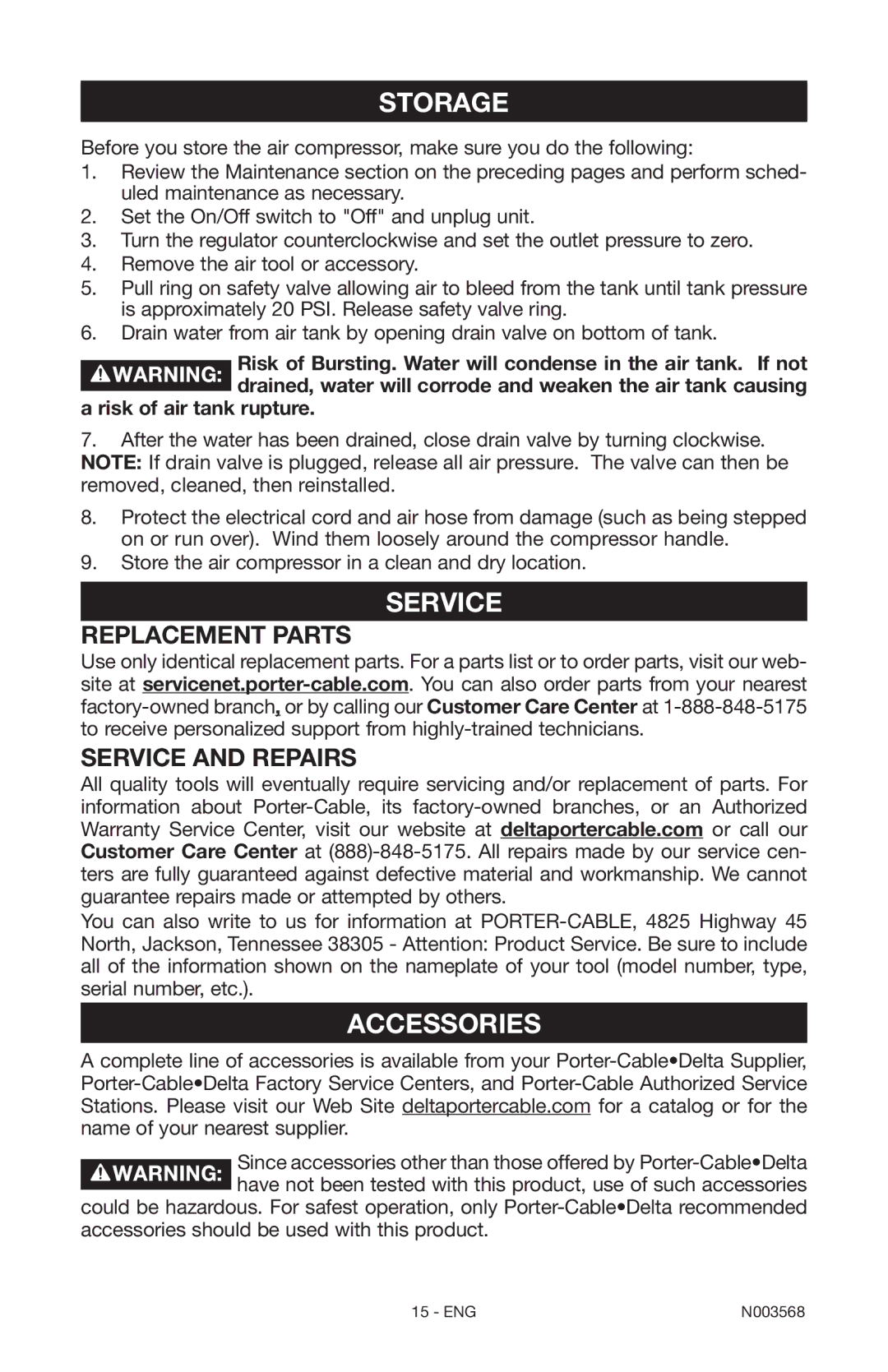 Porter-Cable N003568 instruction manual Storage, Service 