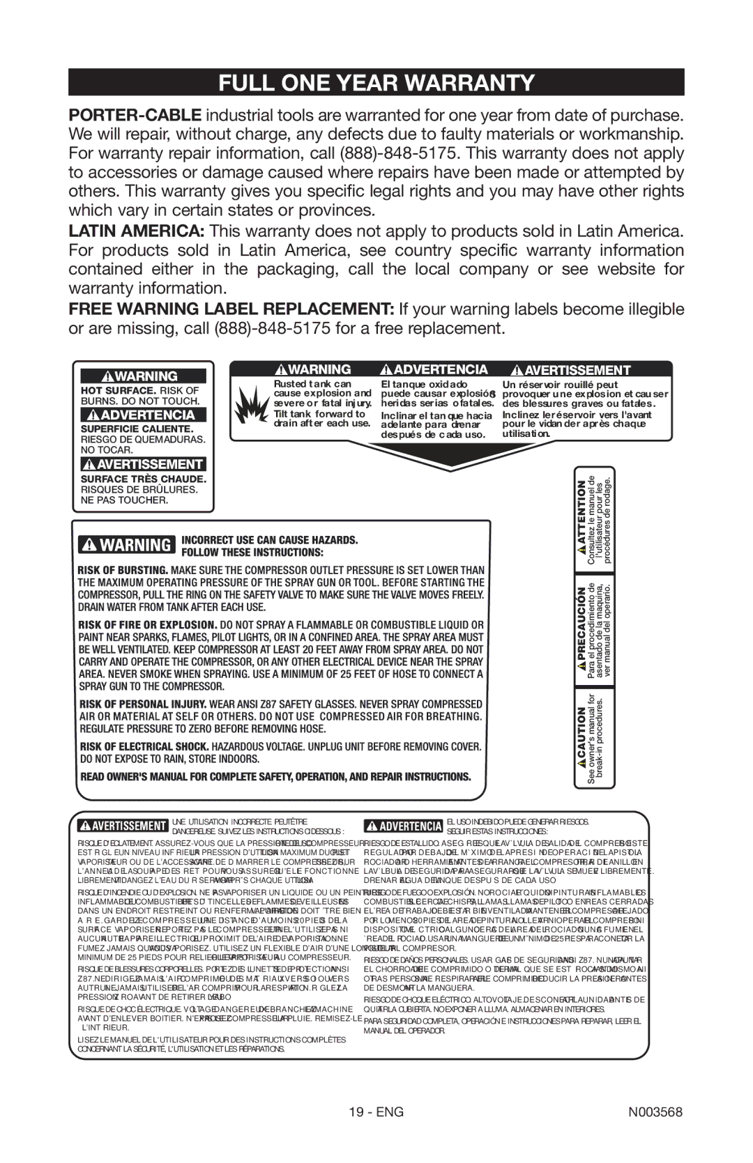 Porter-Cable N003568 instruction manual Full One Year Warranty 