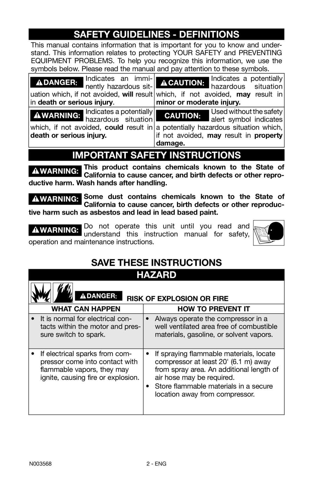 Porter-Cable N003568 instruction manual Safety Guidelines Definitions, Important Safety Instructions, Hazard 