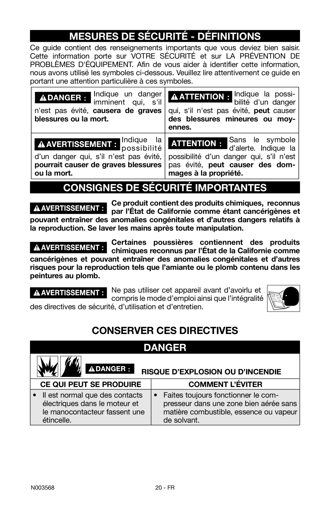 Porter-Cable N003568 instruction manual Mesures DE Sécurité Définitions, Consignes DE Sécurité Importantes 