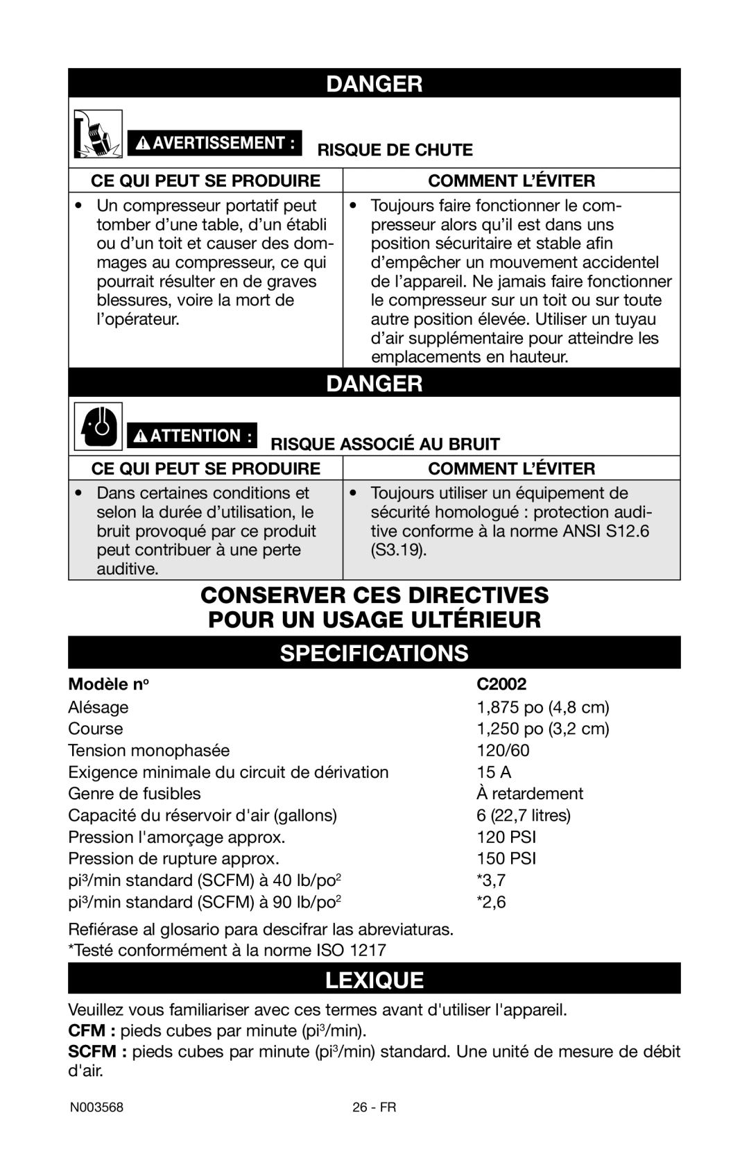 Porter-Cable N003568 instruction manual Specifications, Lexique, Risque associÉ au bruit, Modèle no C2002 