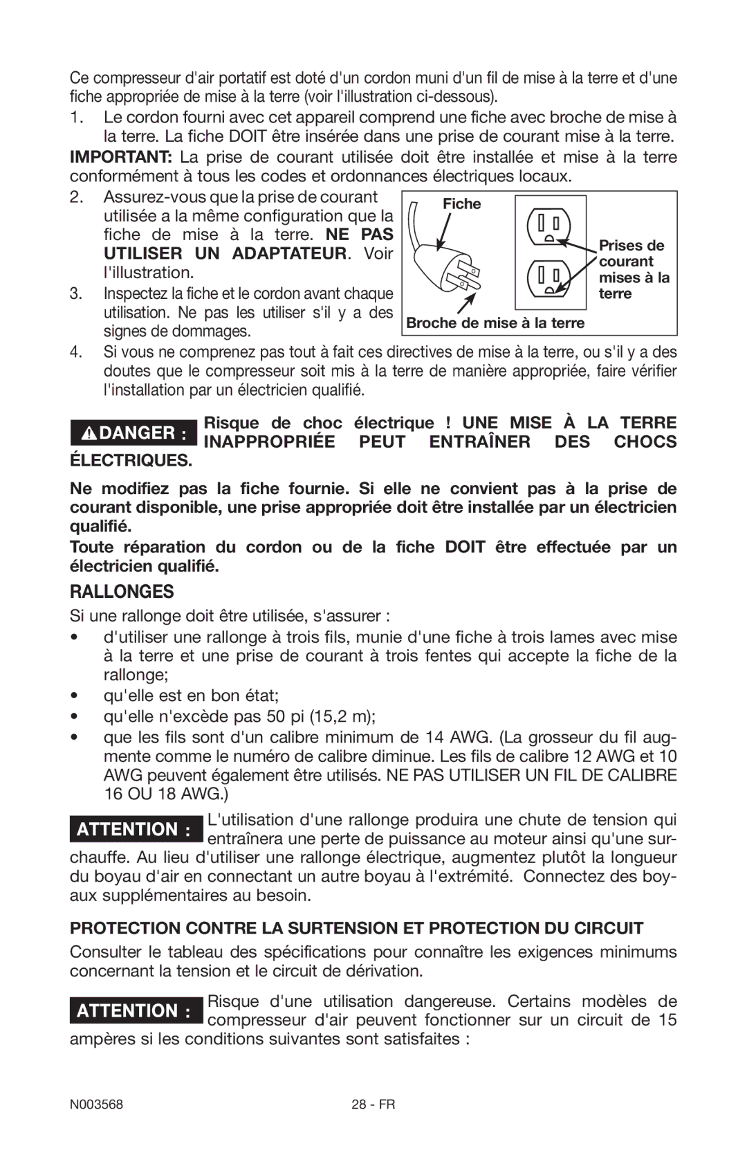 Porter-Cable N003568 instruction manual Rallonges, Protection contre la surtension et protection du circuit 