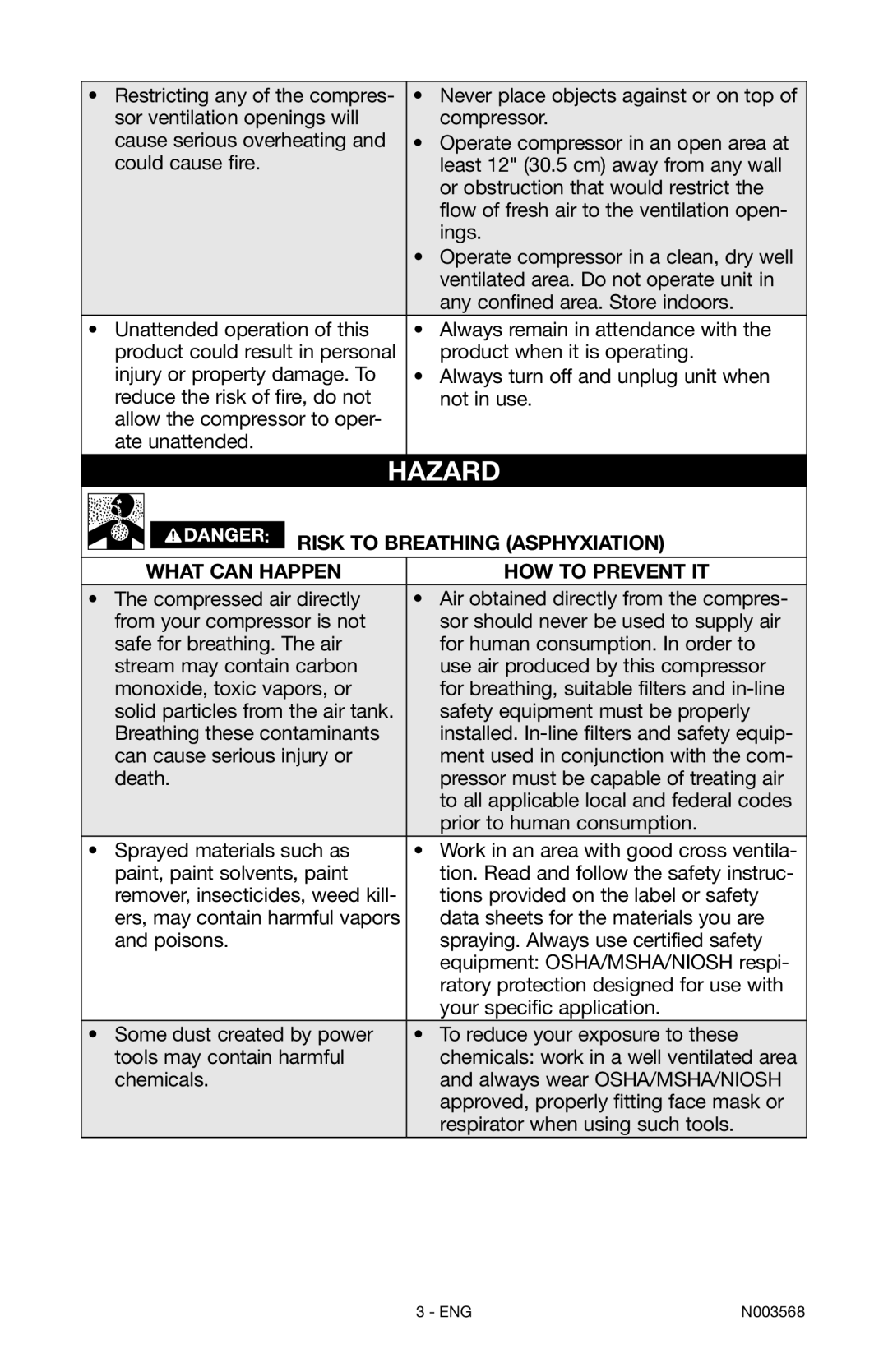 Porter-Cable N003568 instruction manual Risk to Breathing Asphyxiation, What can happen How to prevent it 