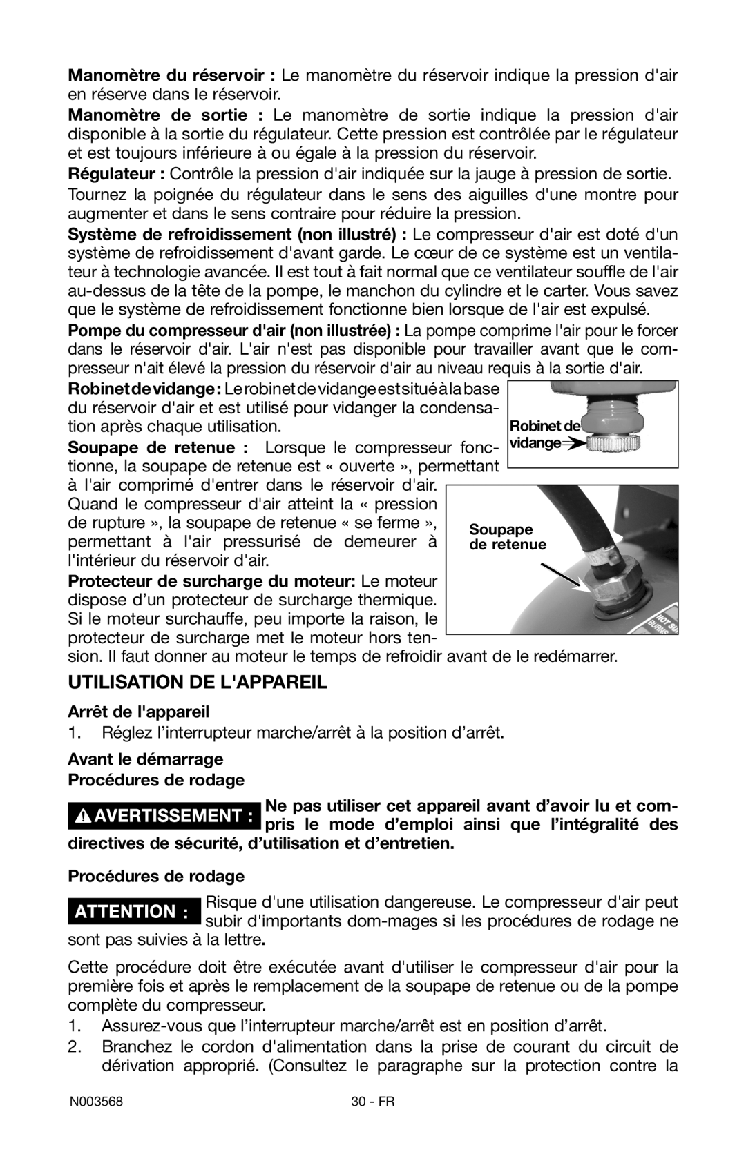 Porter-Cable N003568 instruction manual Utilisation de lappareil, Arrêt de lappareil 