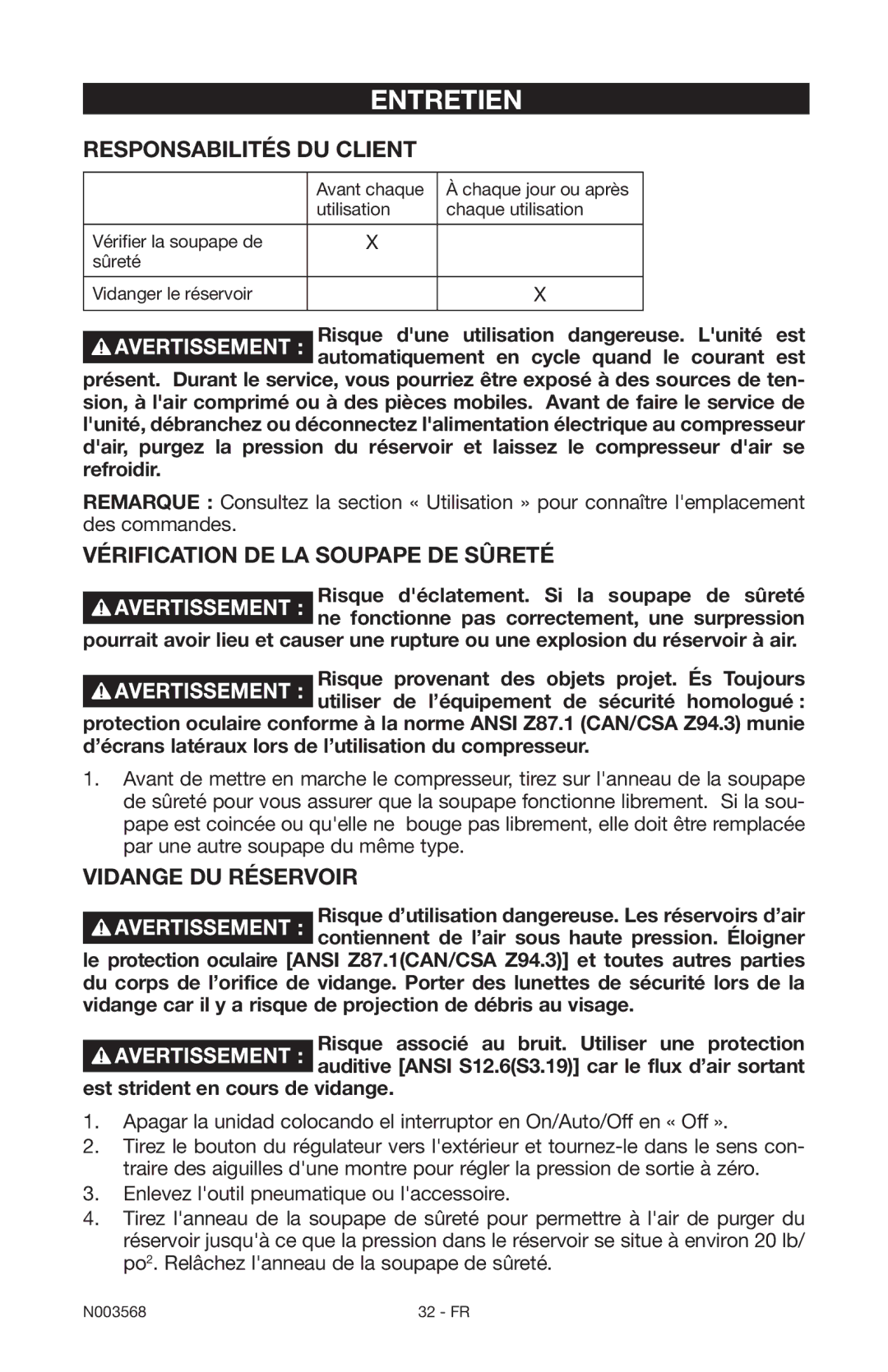 Porter-Cable N003568 Entretien, Responsabilités du client, Vérification de la soupape de sûreté, Vidange du réservoir 