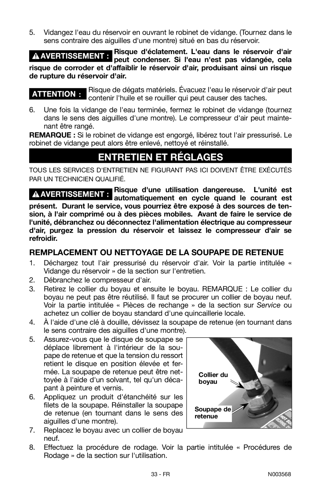 Porter-Cable N003568 instruction manual Entretien ET Réglages, Remplacement ou nettoyage de la soupape de retenue 