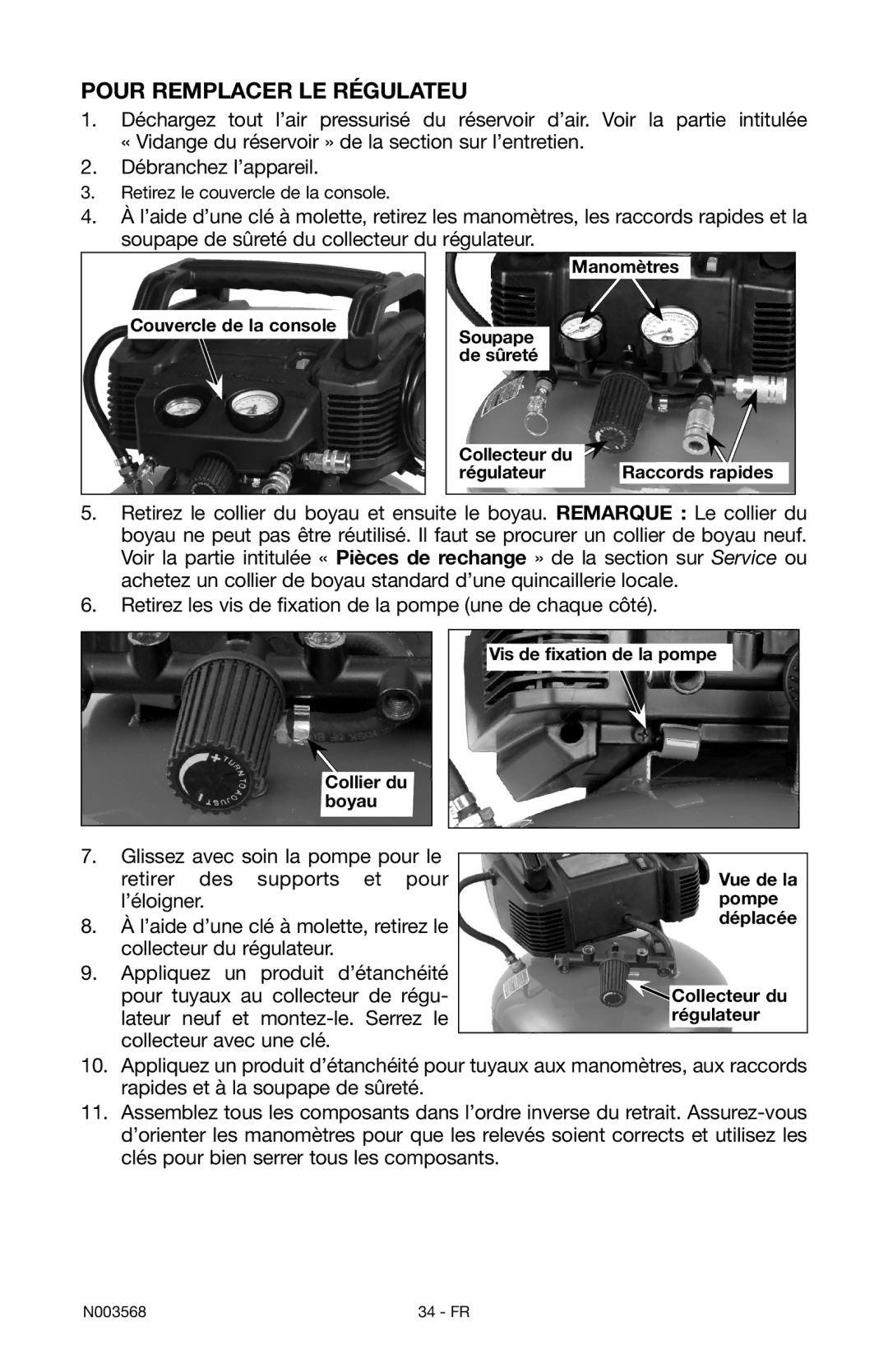 Porter-Cable N003568 instruction manual Pour remplacer le régulateu 