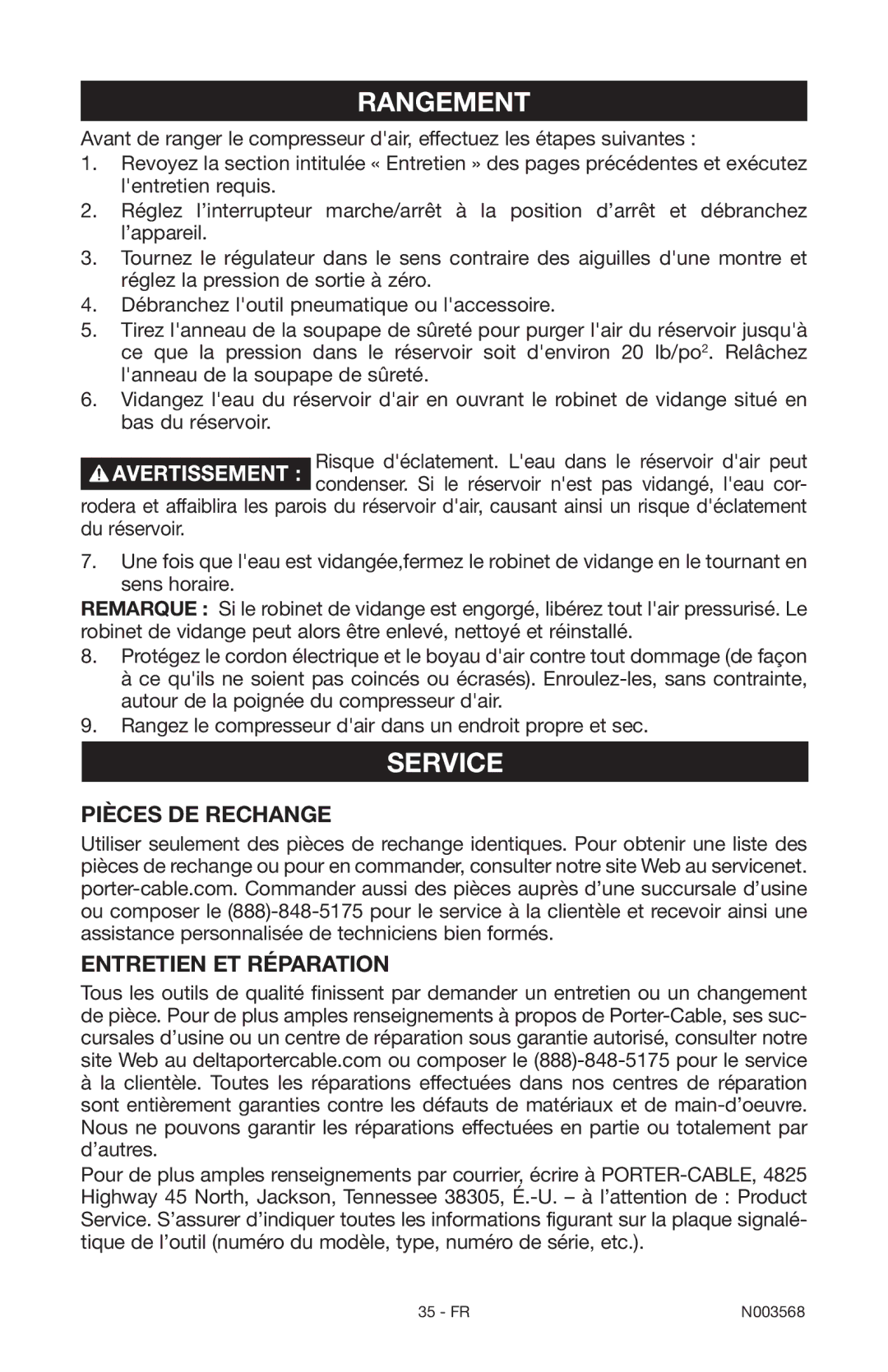 Porter-Cable N003568 instruction manual Rangement, Pièces DE Rechange 