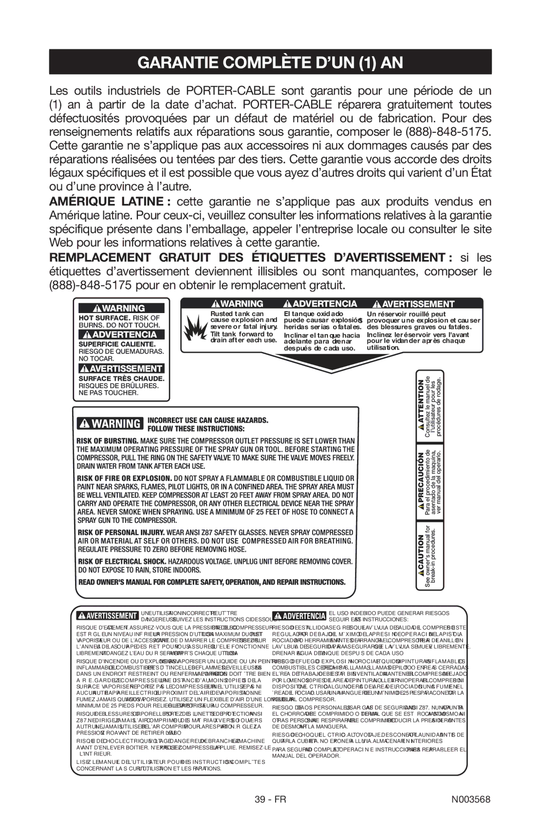 Porter-Cable N003568 Garantie complète d’un 1 an, Remplacement Gratuit DES Étiquettes D’AVERTISSEMENT si les 