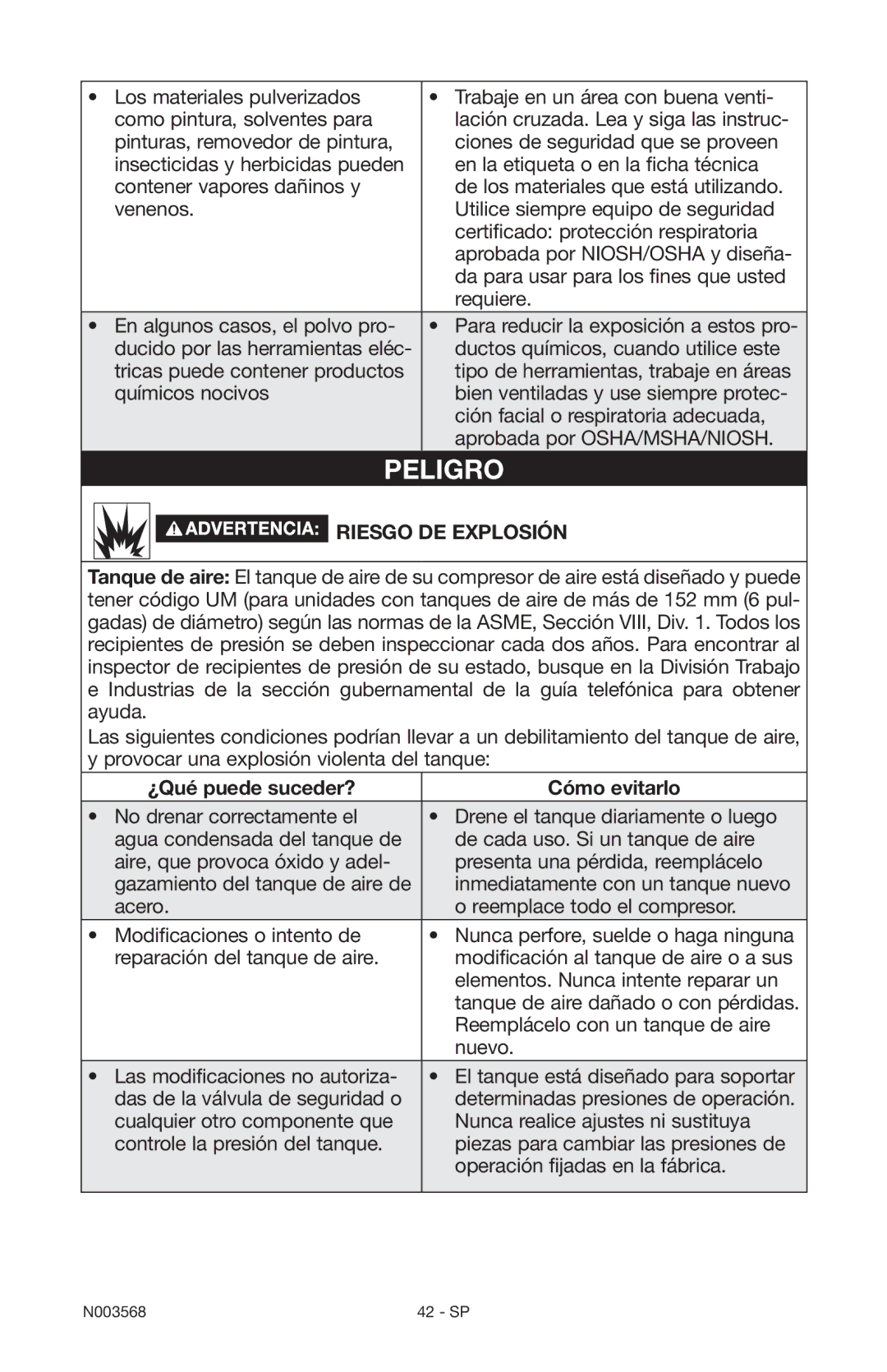 Porter-Cable N003568 instruction manual Riesgo de explosión 