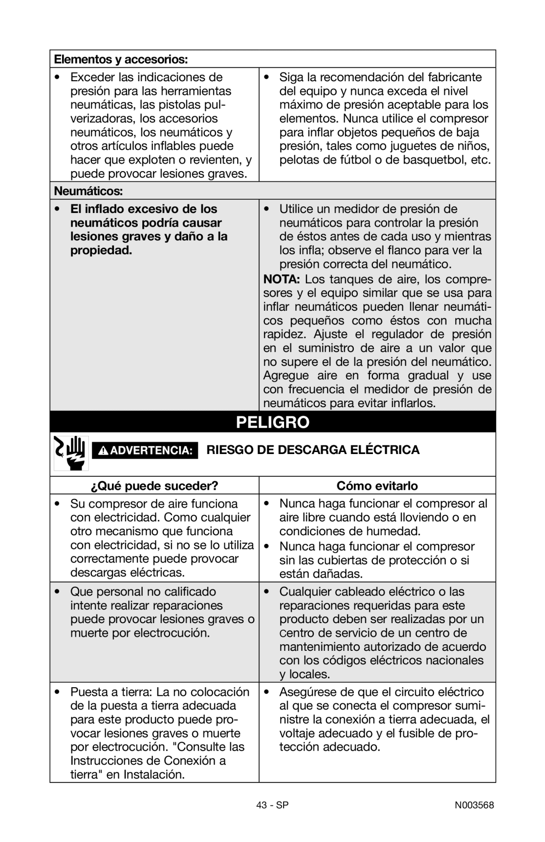 Porter-Cable N003568 Elementos y accesorios, Neumáticos El inflado excesivo de los, Neumáticos podría causar, Propiedad 