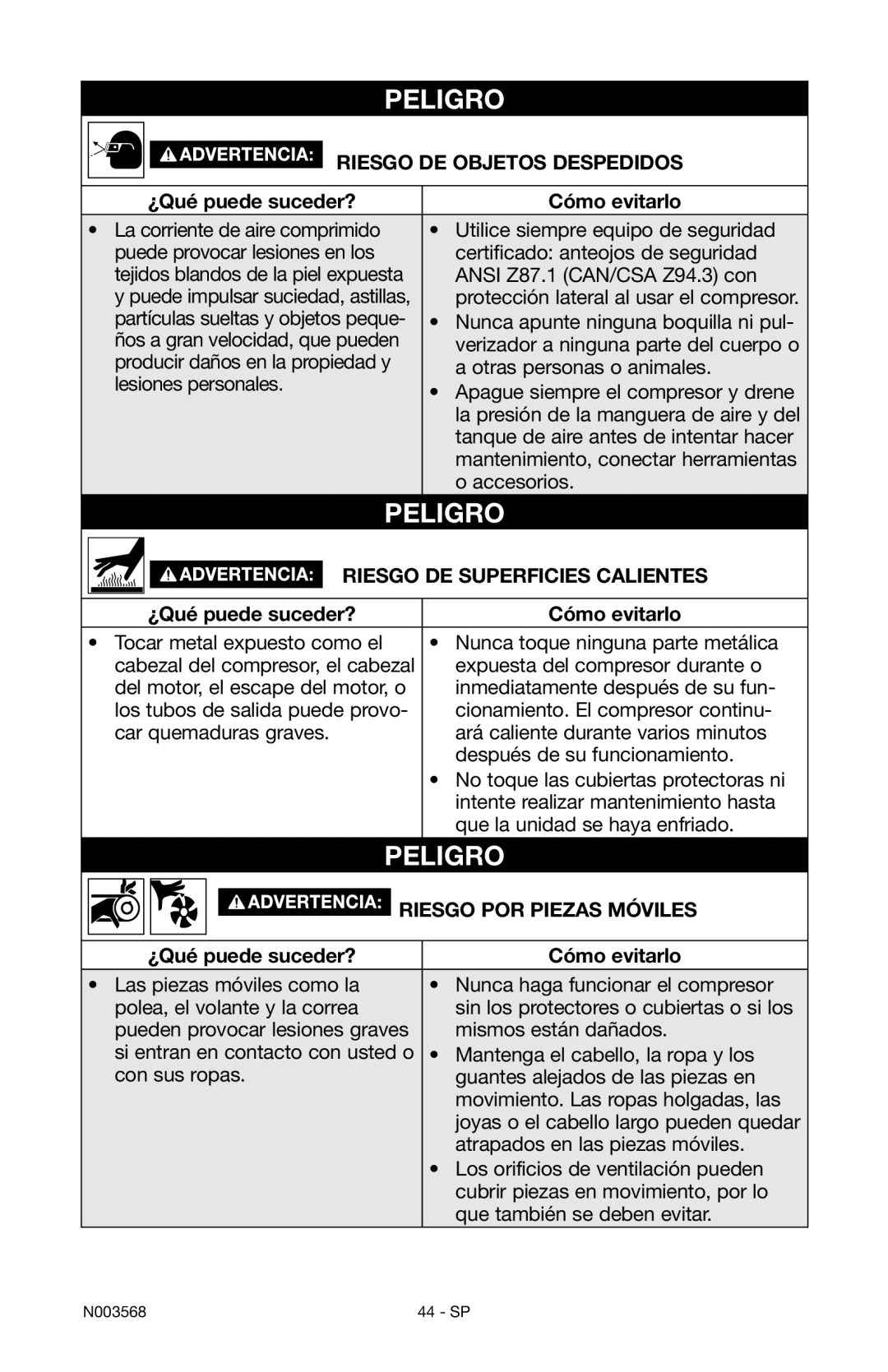 Porter-Cable N003568 Riesgo DE superficies calientes, Riesgo por piezas móviles ¿Qué puede suceder? Cómo evitarlo 