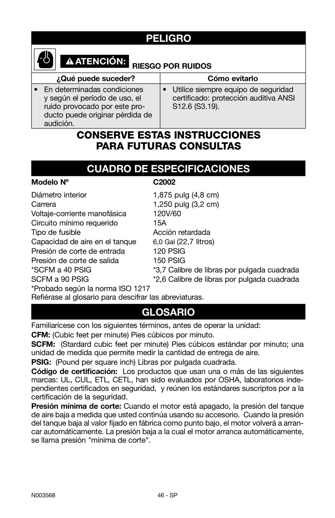 Porter-Cable N003568 instruction manual Cuadro DE Especificaciones, Glosario, Riesgo por ruidos, Modelo Nº C2002 