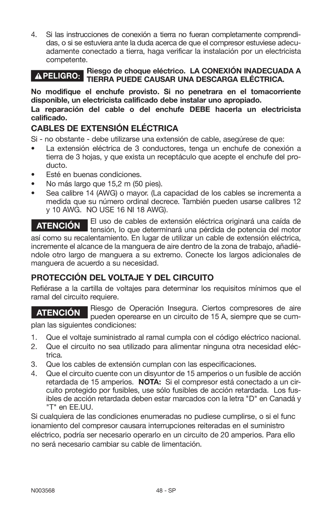 Porter-Cable N003568 instruction manual Cables de extensión eléctrica, Protección del voltaje y del circuito 