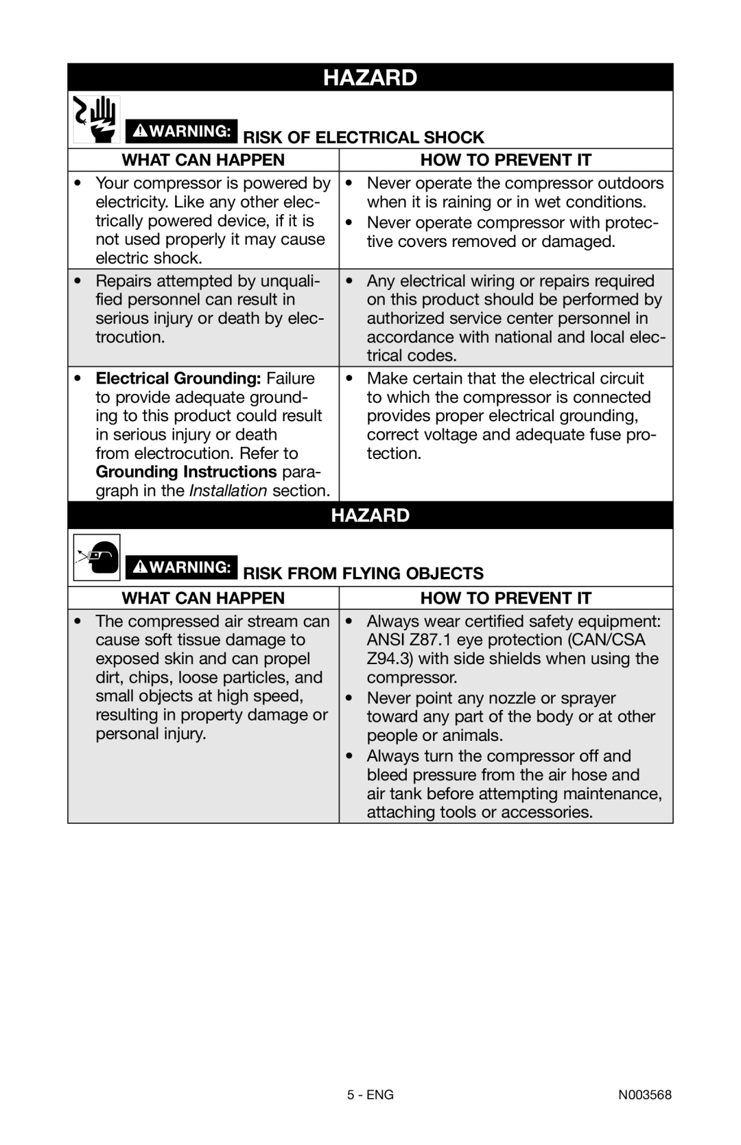 Porter-Cable N003568 instruction manual Risk of Electrical Shock, Electrical Grounding Failure, Grounding Instructions para 