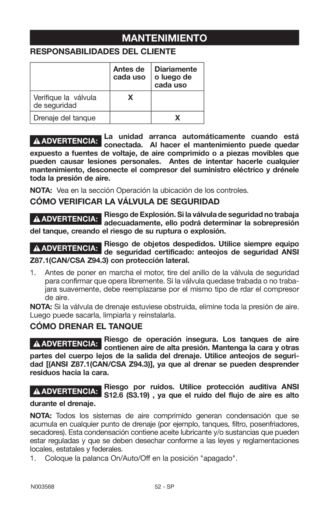 Porter-Cable N003568 Mantenimiento, Responsabilidades del cliente, Cómo verificar la válvula de seguridad 