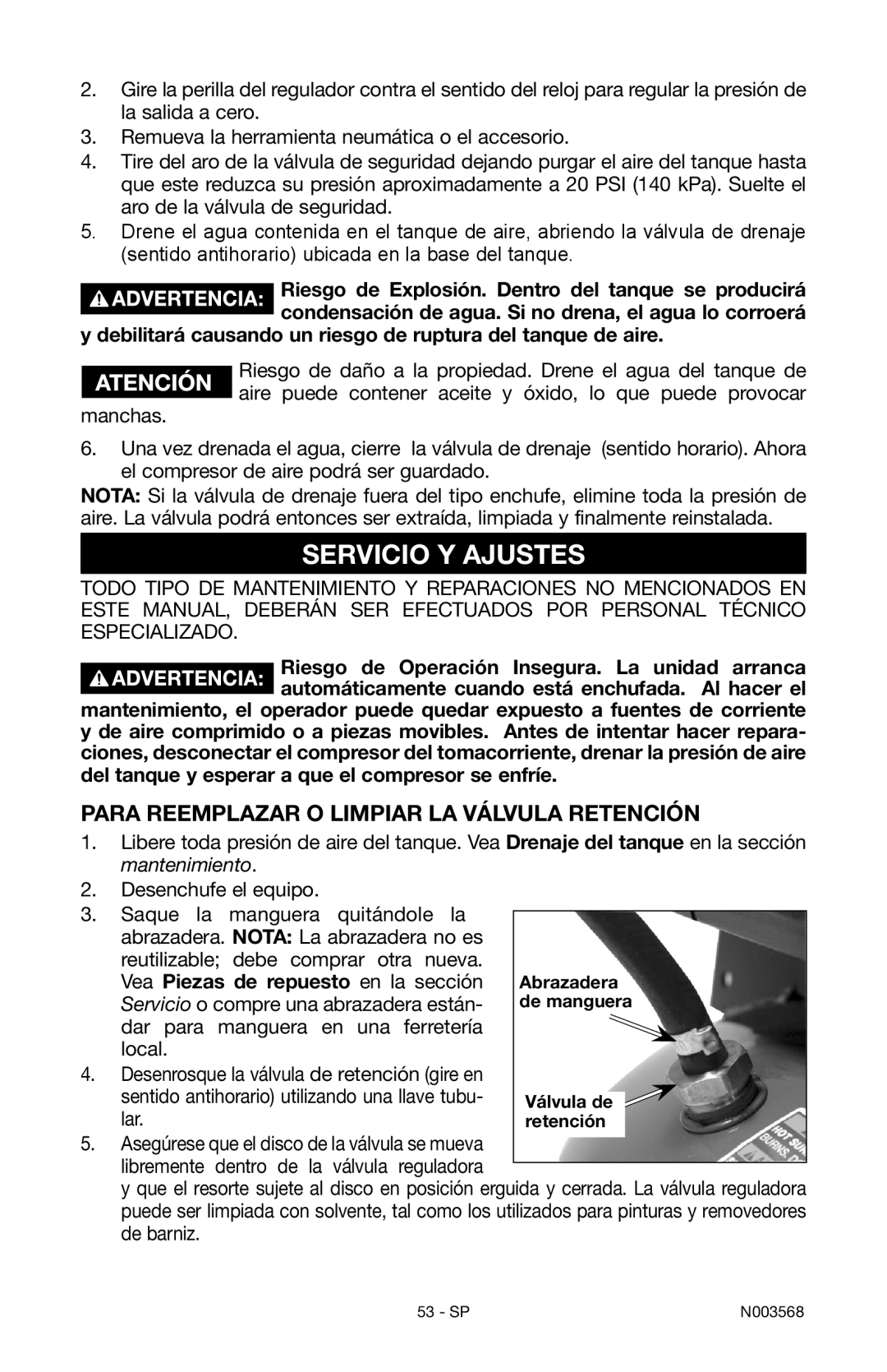 Porter-Cable N003568 instruction manual Servicio Y Ajustes, Para reemplazar o limpiar la válvula retención 