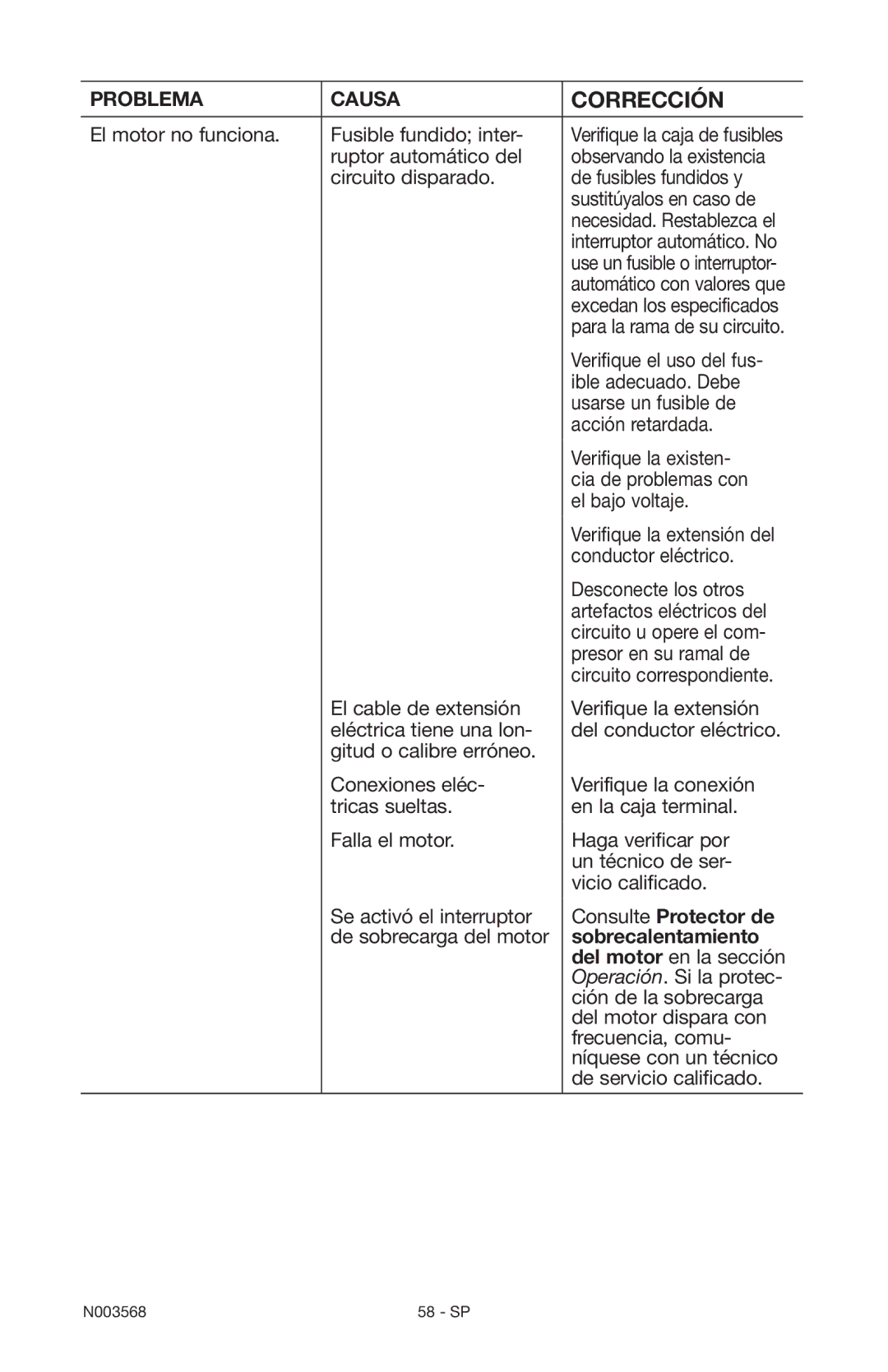 Porter-Cable N003568 instruction manual Consulte Protector de, Sobrecalentamiento 