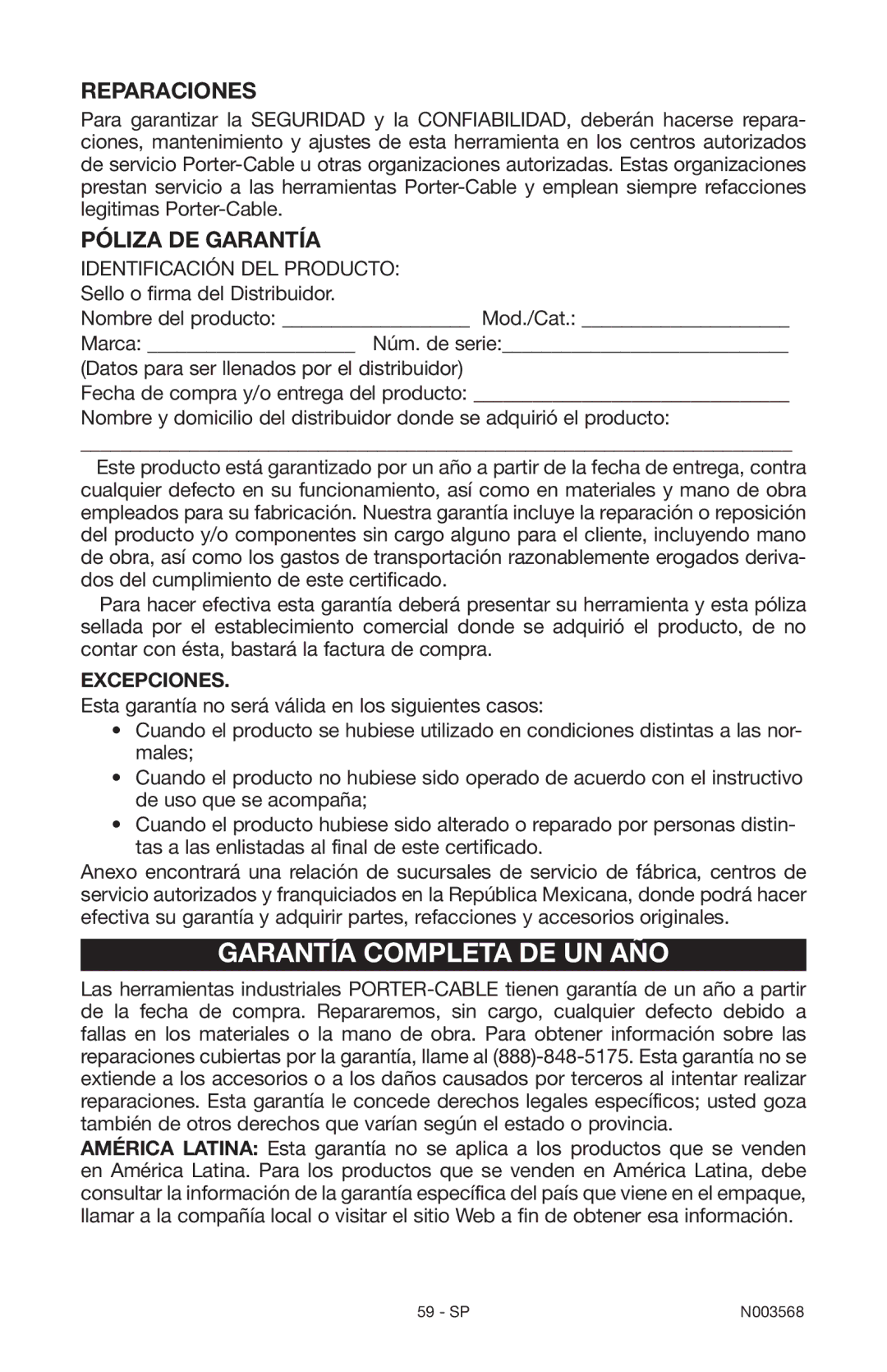 Porter-Cable N003568 instruction manual Reparaciones, Póliza de Garantía 