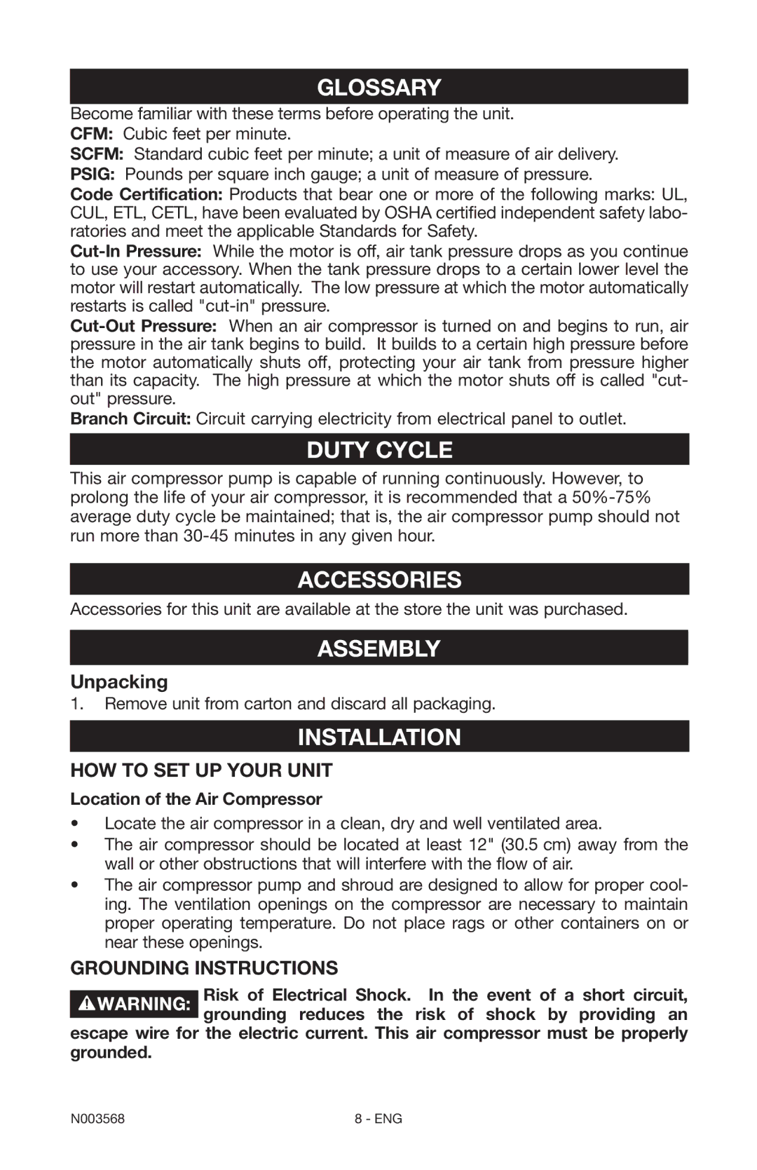 Porter-Cable N003568 instruction manual Glossary, Duty Cycle, Accessories, Assembly, Installation 