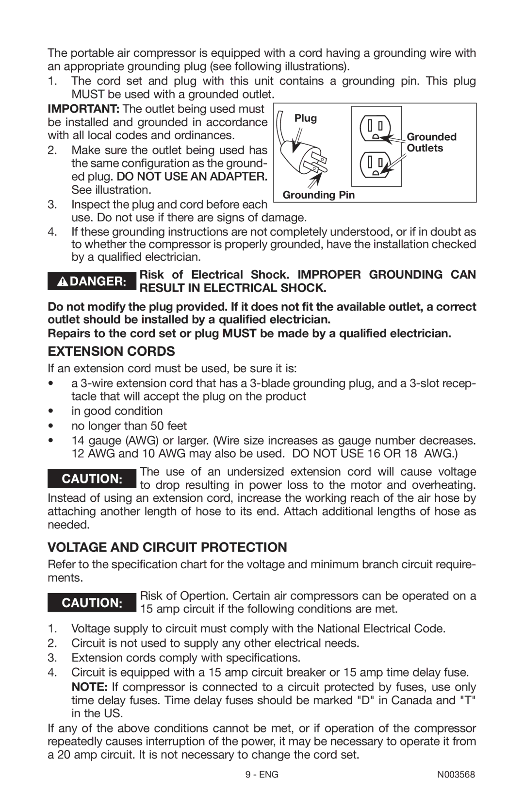 Porter-Cable N003568 instruction manual Extension Cords, Voltage and Circuit Protection 