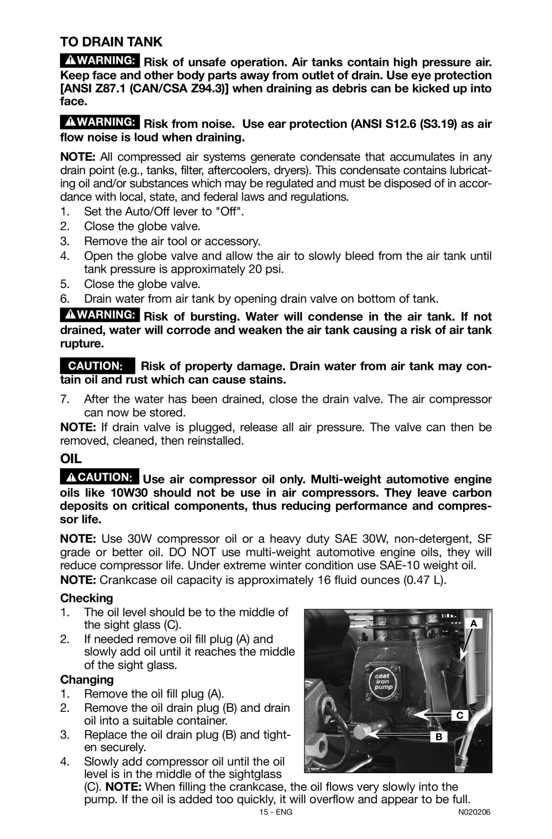 Porter-Cable C7501M, N020206-NOV08-0 instruction manual To Drain Tank, Oil, Checking, Sight glass C, Changing 