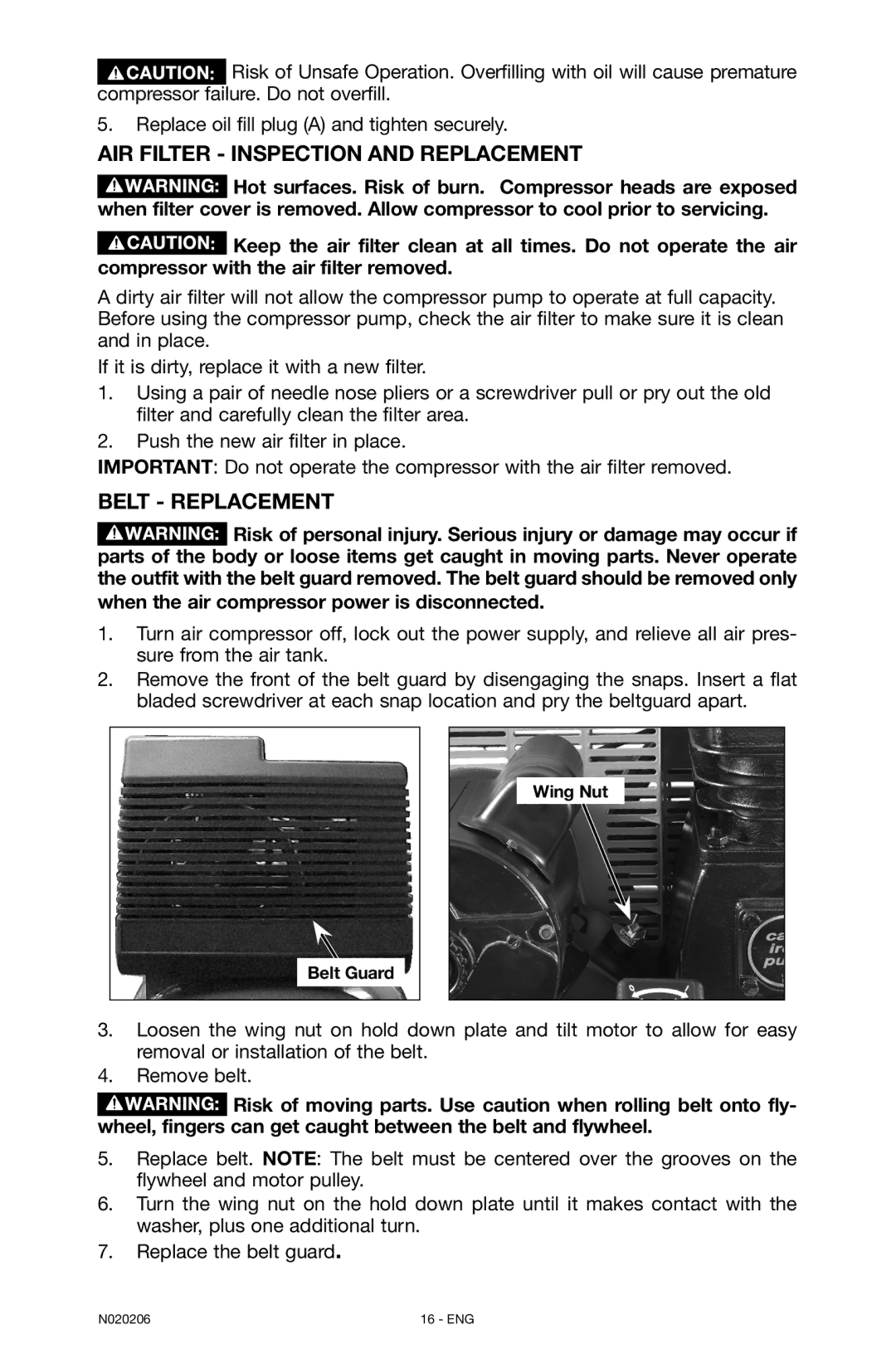 Porter-Cable N020206-NOV08-0, C7501M instruction manual Air Filter Inspection and Replacement, Belt Replacement 