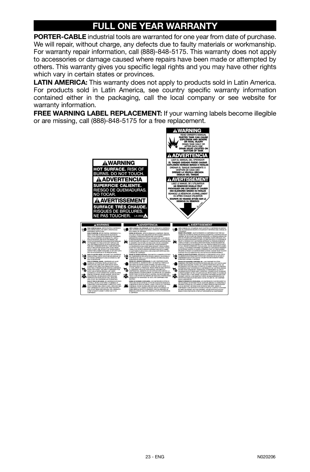 Porter-Cable C7501M, N020206-NOV08-0 instruction manual Full One Year Warranty 