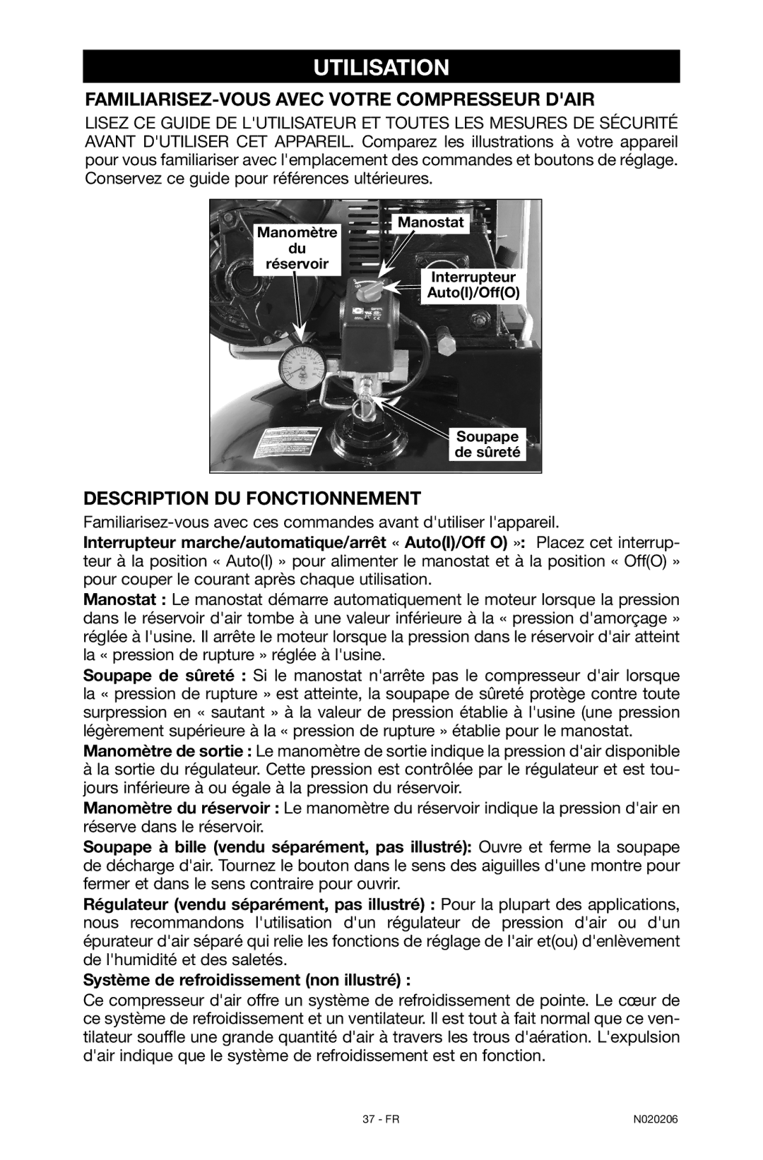 Porter-Cable C7501M Utilisation, Familiarisez-vous avec votre compresseur dair, Description du fonctionnement 