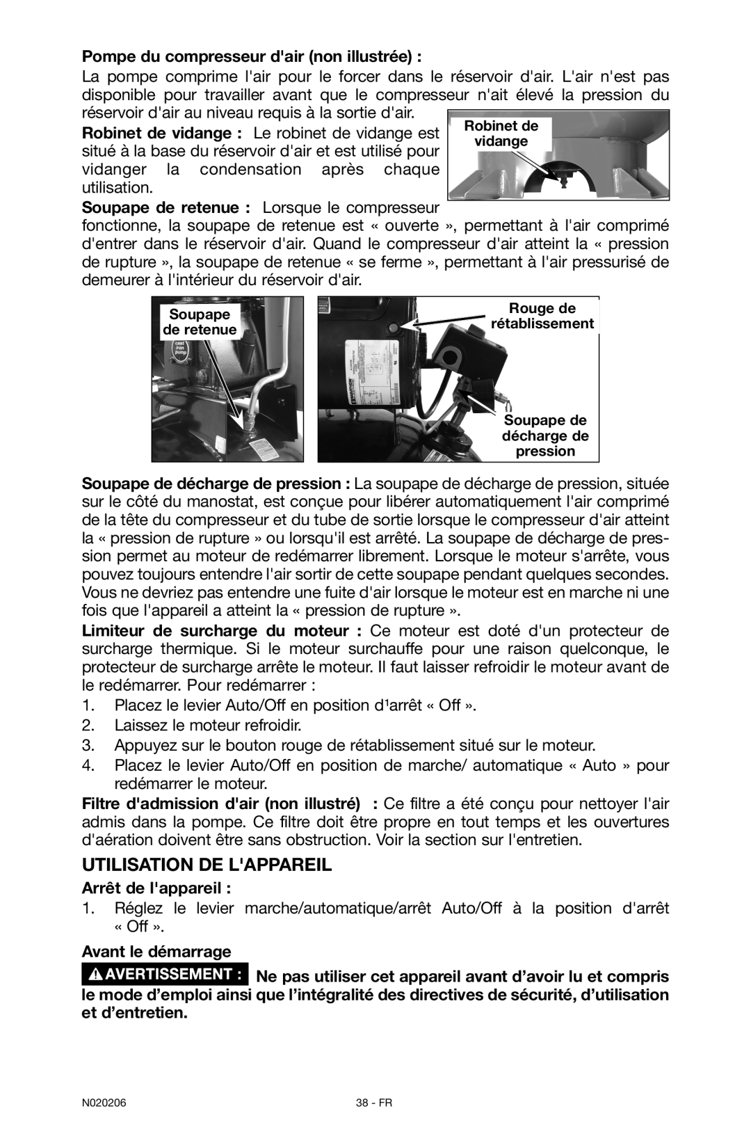 Porter-Cable N020206-NOV08-0, C7501M Utilisation de lappareil, Pompe du compresseur dair non illustrée, Arrêt de lappareil 