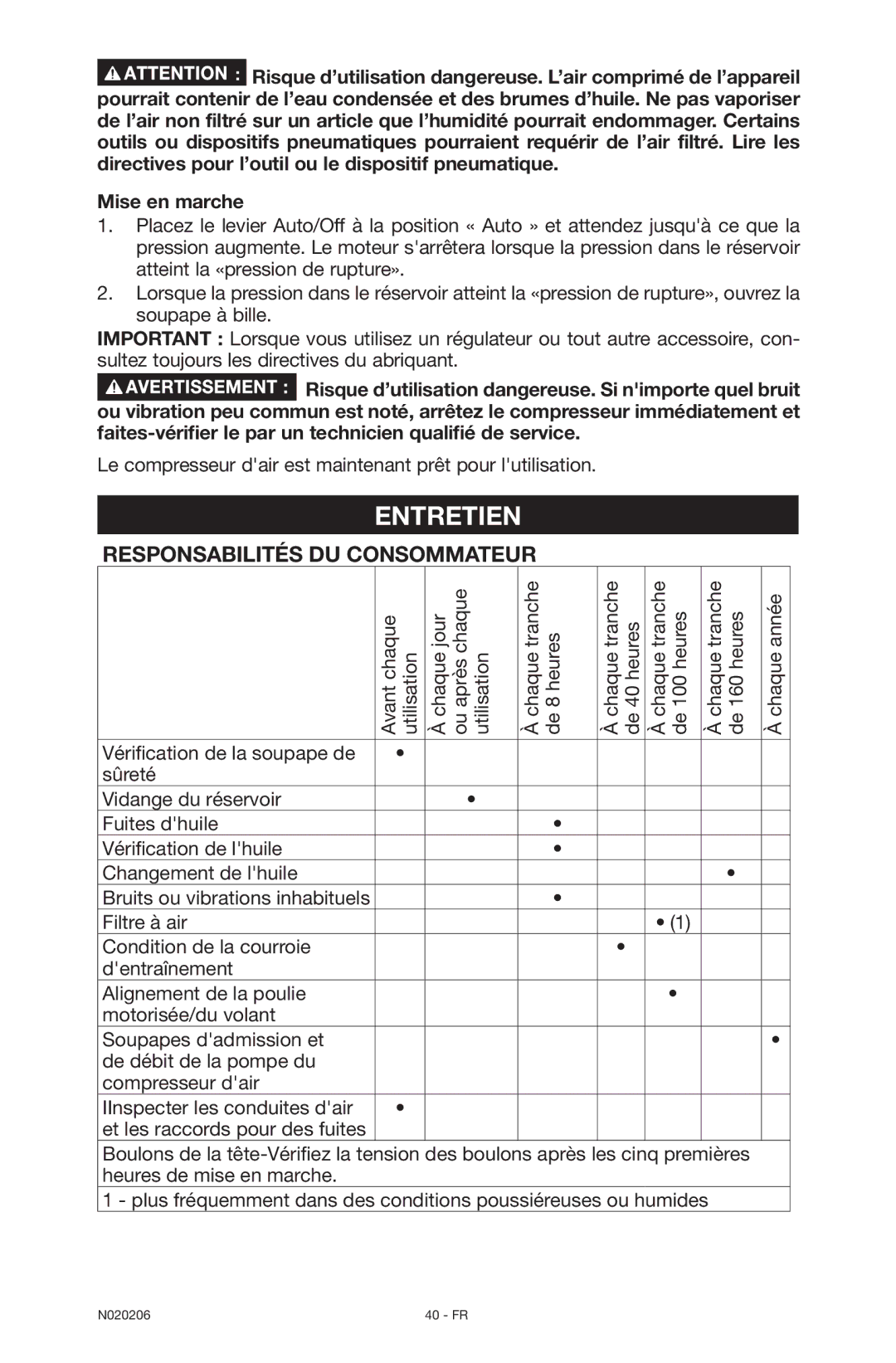 Porter-Cable N020206-NOV08-0, C7501M instruction manual Entretien, Responsabilités du consommateur 