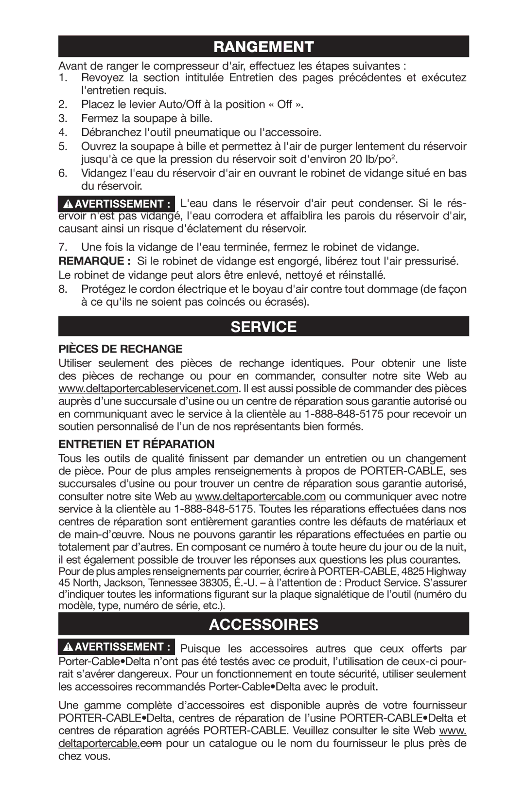 Porter-Cable N020206-NOV08-0, C7501M instruction manual Rangement, Service, Pièces DE Rechange Entretien ET Réparation 