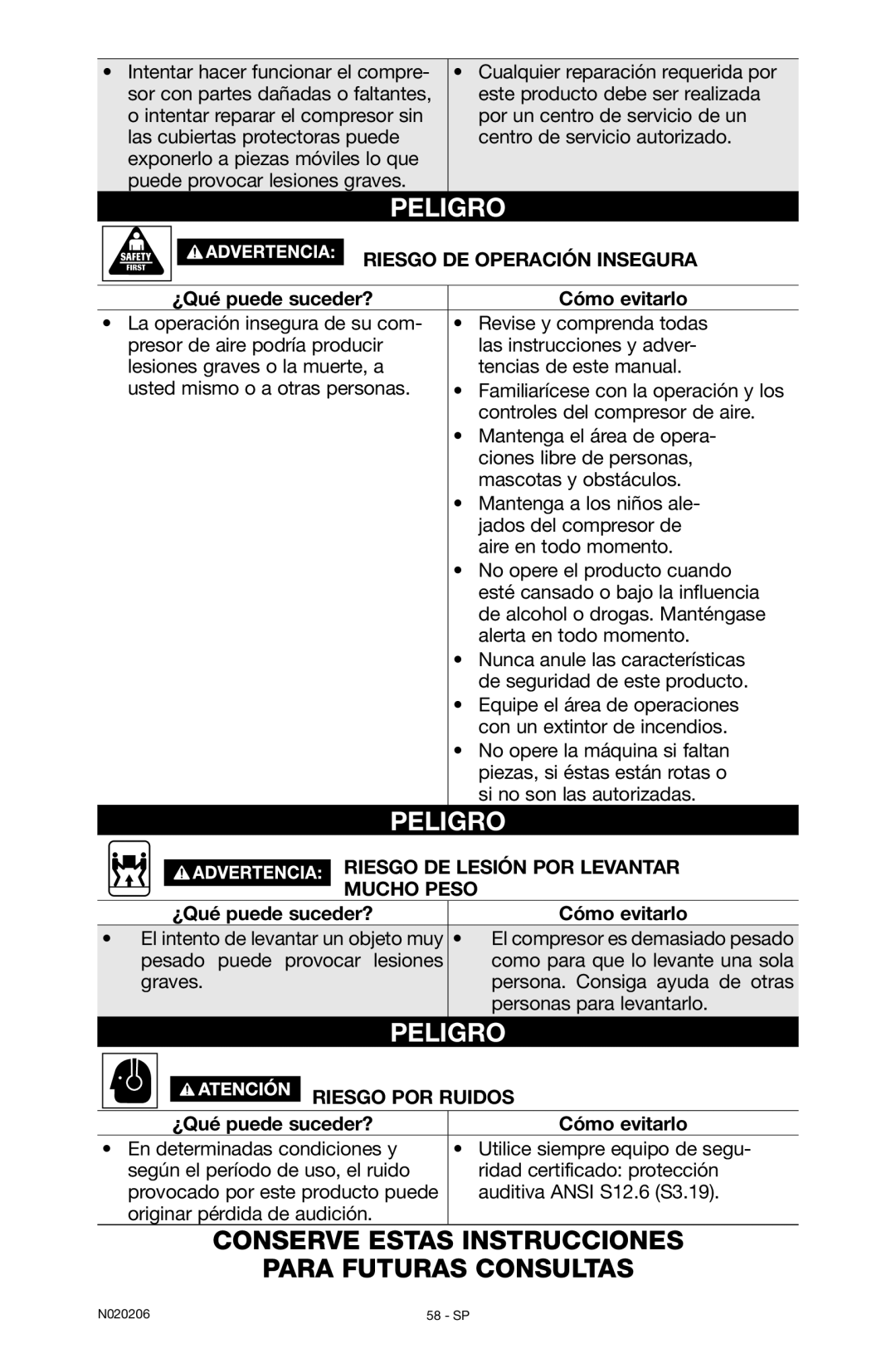 Porter-Cable N020206-NOV08-0 Riesgo de operación insegura, Riesgo DE Lesión POR Levantar, Mucho Peso, Riesgo por ruidos 