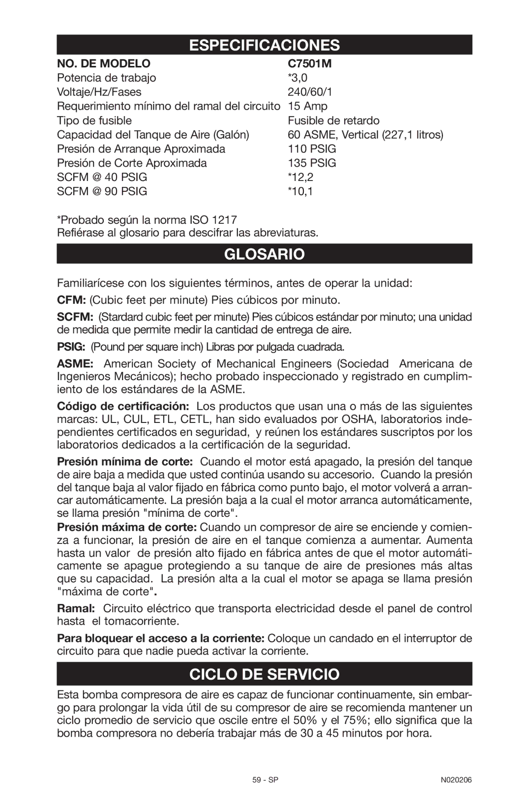 Porter-Cable C7501M, N020206-NOV08-0 instruction manual Especificaciones, Glosario, Ciclo DE Servicio, NO. DE Modelo 