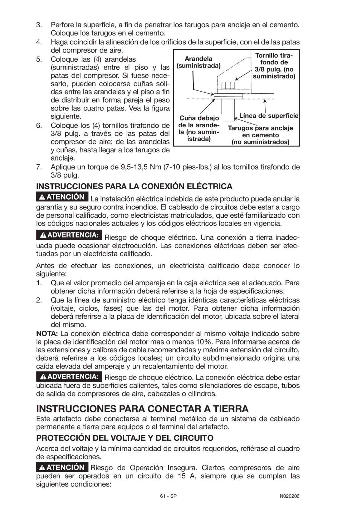 Porter-Cable C7501M, N020206-NOV08-0 Instrucciones para la conexión eléctrica, Protección del voltaje y del circuito 