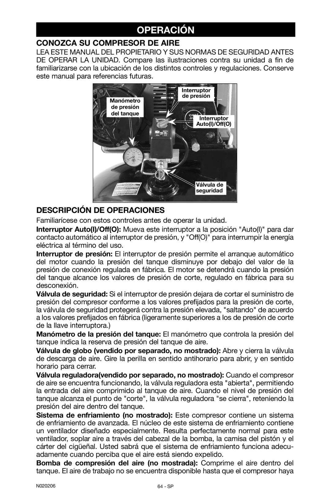 Porter-Cable N020206-NOV08-0, C7501M instruction manual Operación, Conozca su compresor de aire, Descripción de operaciones 