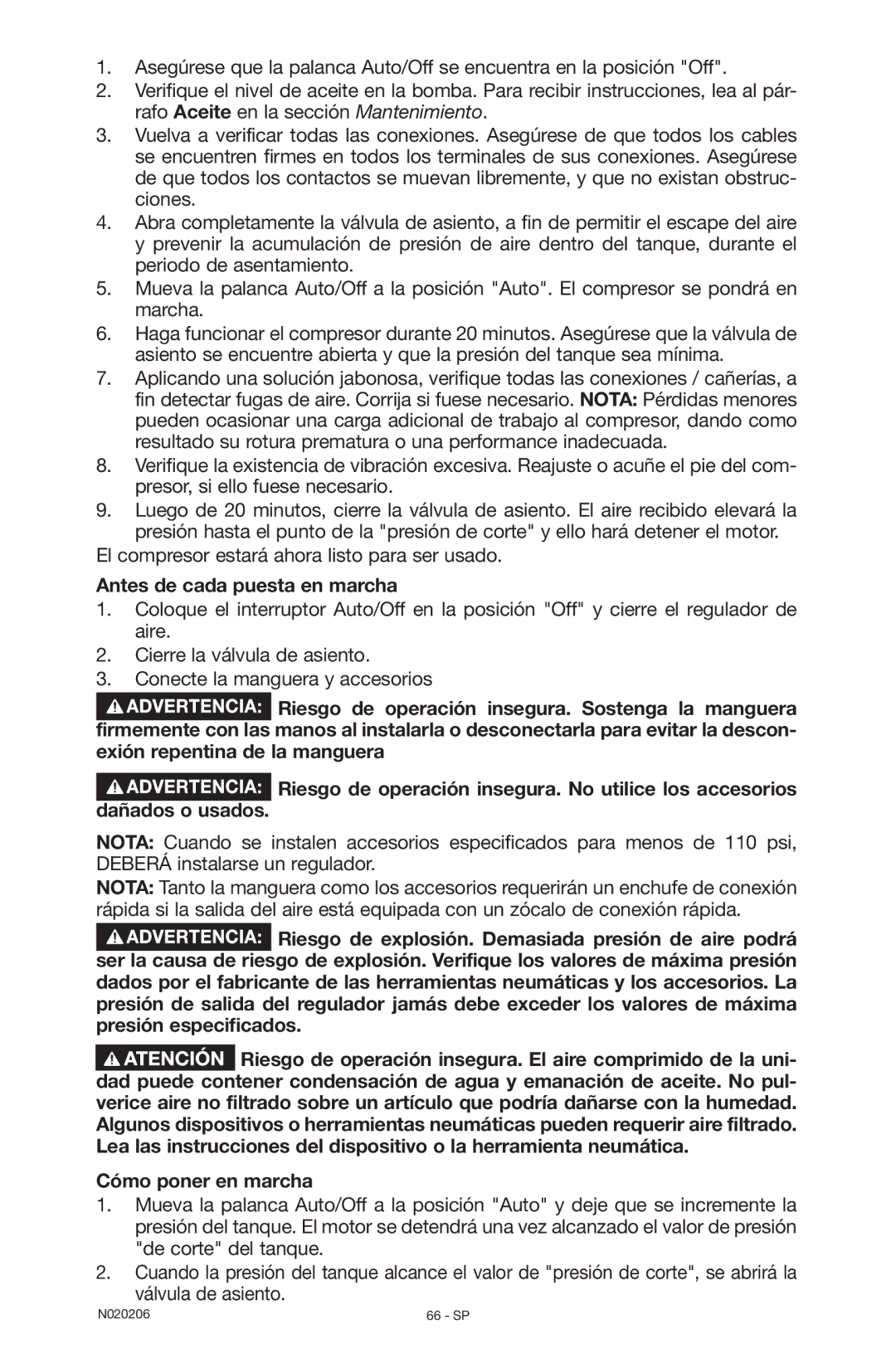 Porter-Cable N020206-NOV08-0, C7501M instruction manual Antes de cada puesta en marcha 