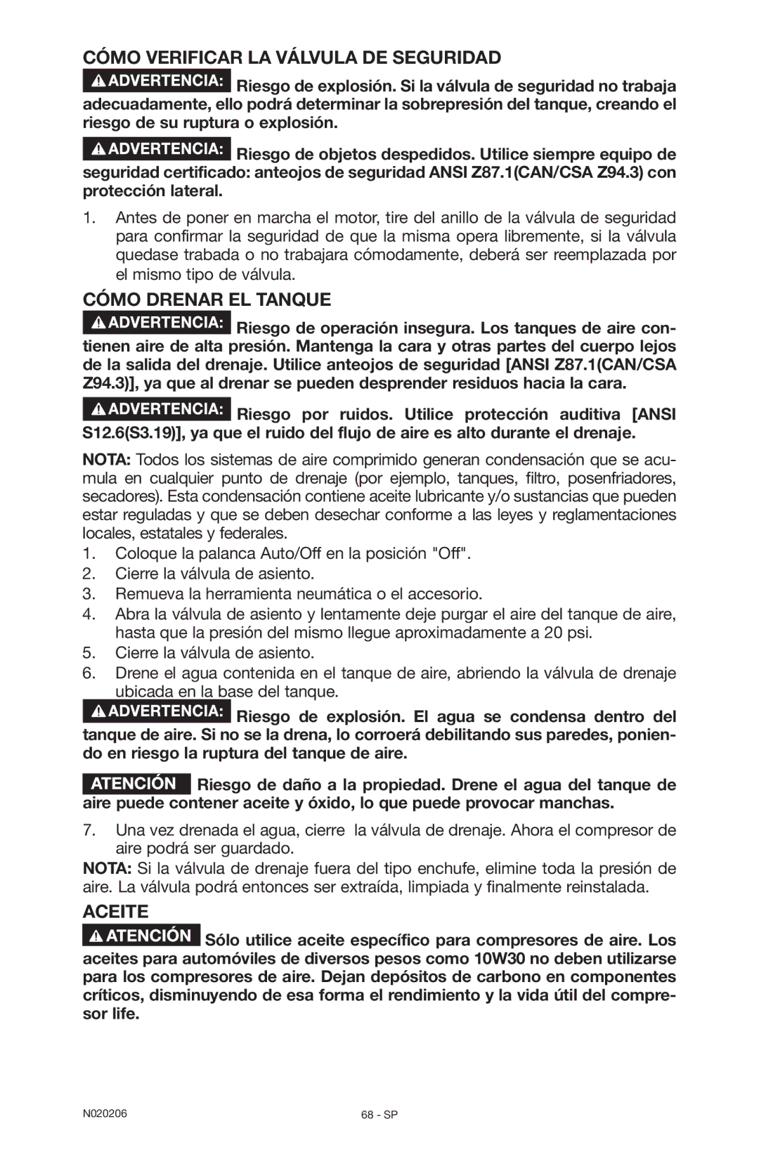 Porter-Cable N020206-NOV08-0, C7501M Cómo verificar la válvula de seguridad, Cómo drenar el tanque, Aceite 