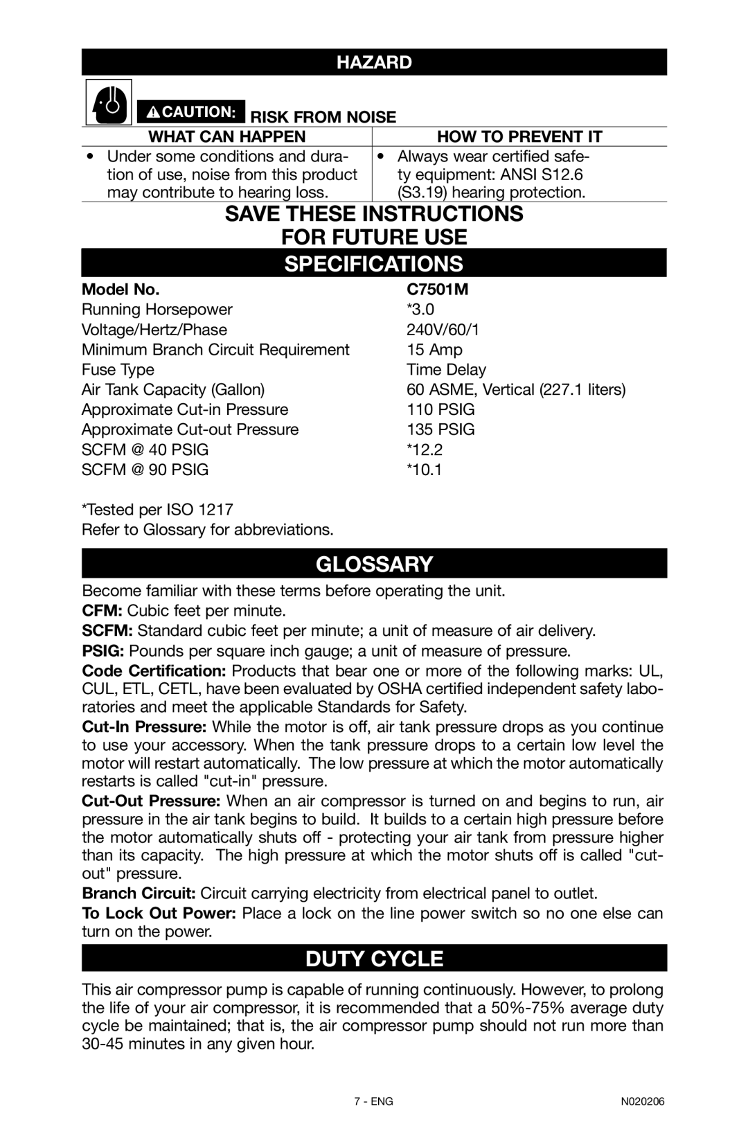 Porter-Cable C7501M Specifications, Glossary, Duty Cycle, Risk from noise What can happen How to prevent it 