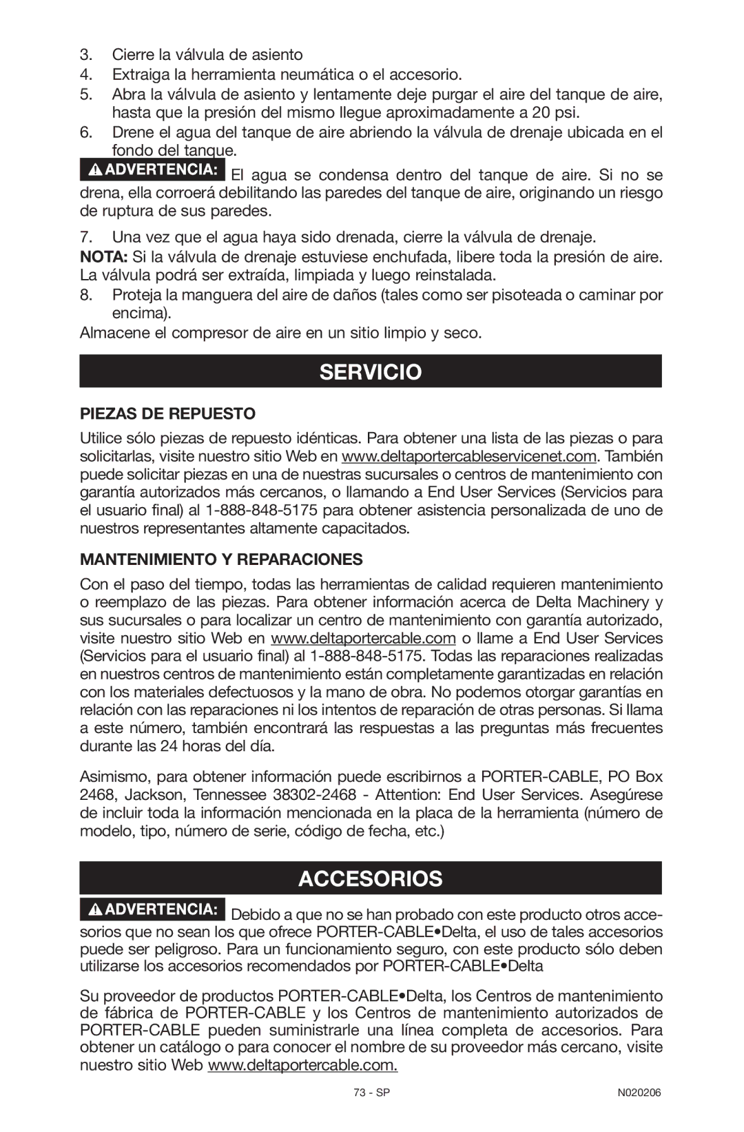 Porter-Cable C7501M, N020206-NOV08-0 instruction manual Servicio, Piezas DE Repuesto Mantenimiento Y Reparaciones 