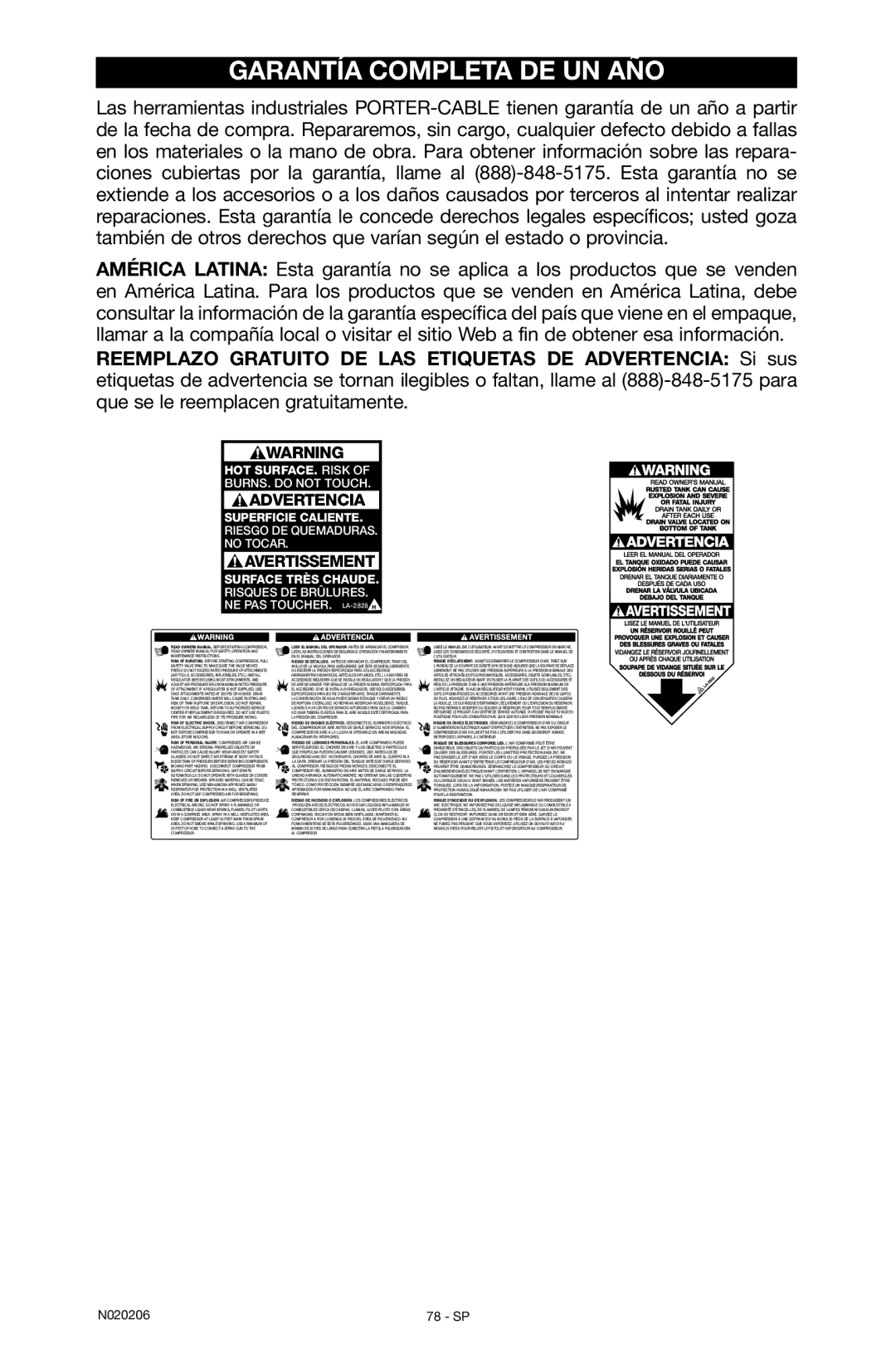 Porter-Cable N020206-NOV08-0, C7501M instruction manual Garantía completa de un año 