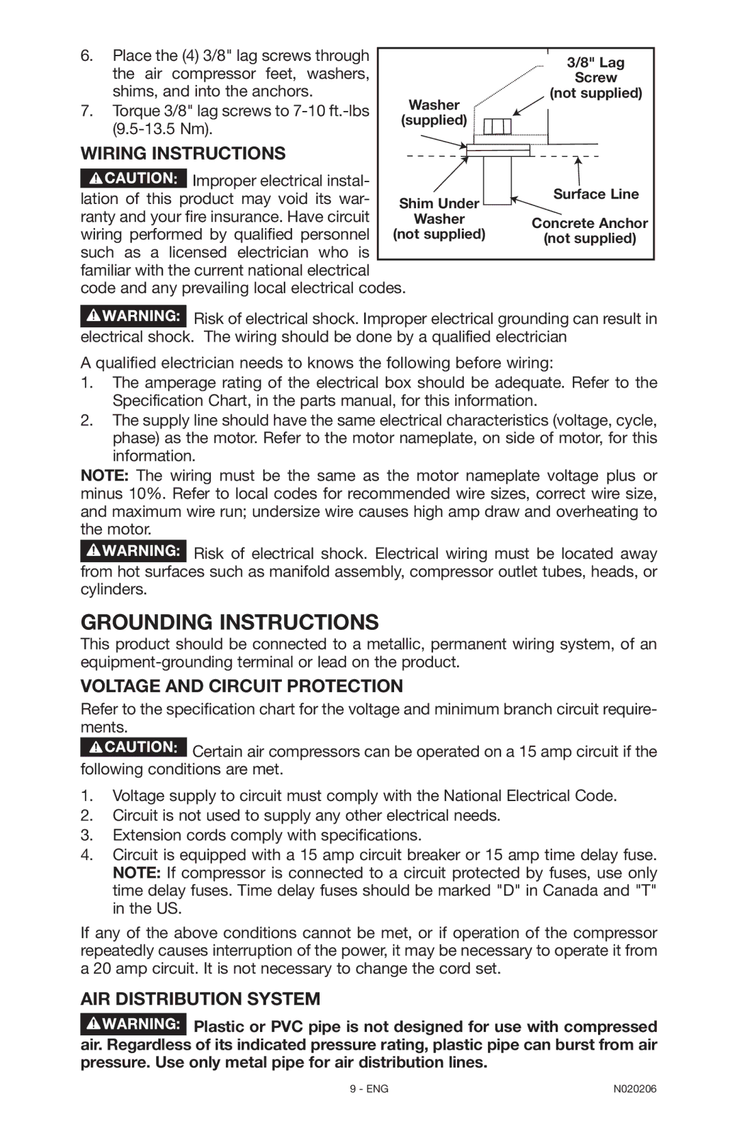 Porter-Cable C7501M, N020206-NOV08-0 Wiring Instructions, Voltage and Circuit Protection, Air Distribution System 