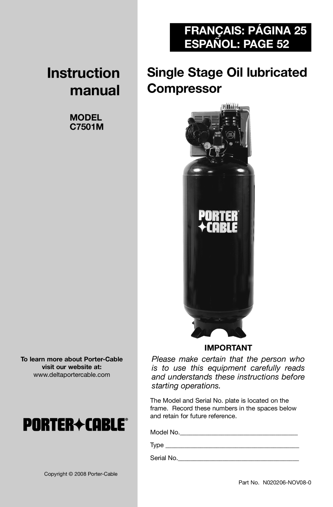 Porter-Cable C7501M instruction manual Instruction, Français Página, Español Page, Model, Single Stage Oil lubricated 
