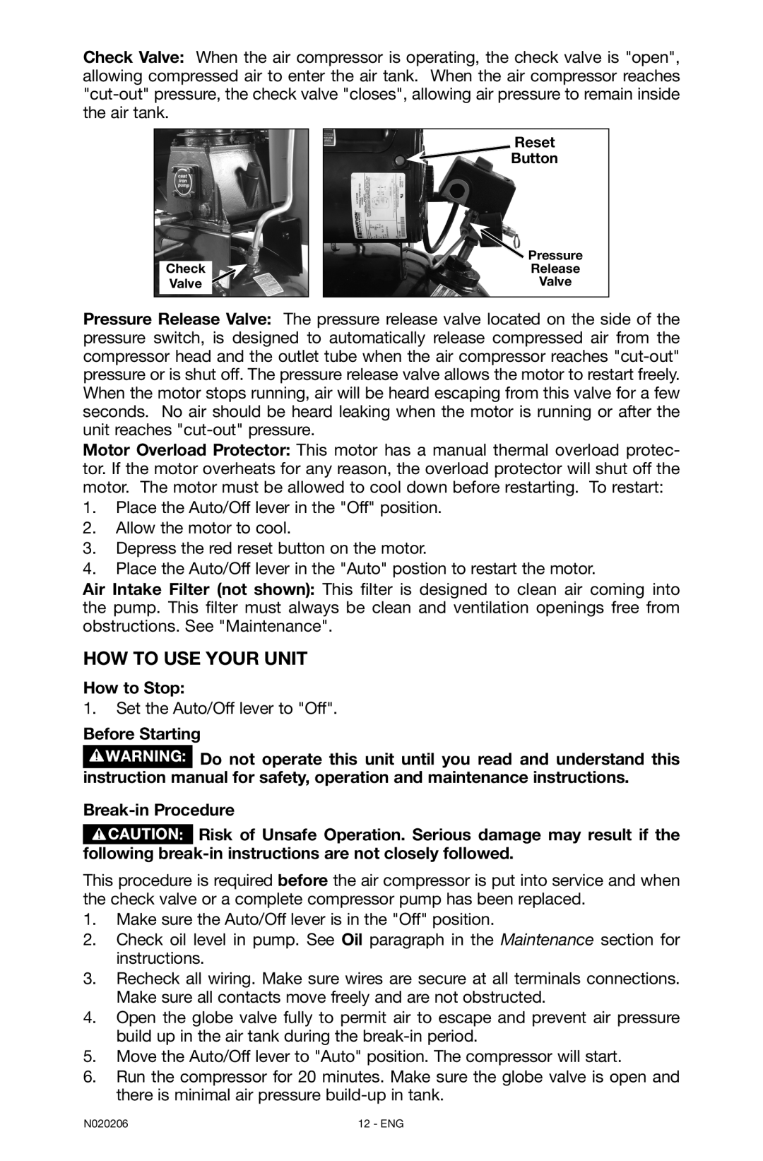 Porter-Cable N020206-NOV08-0, C7501M How to Use Your Unit, How to Stop, Before Starting, Break-in Procedure 