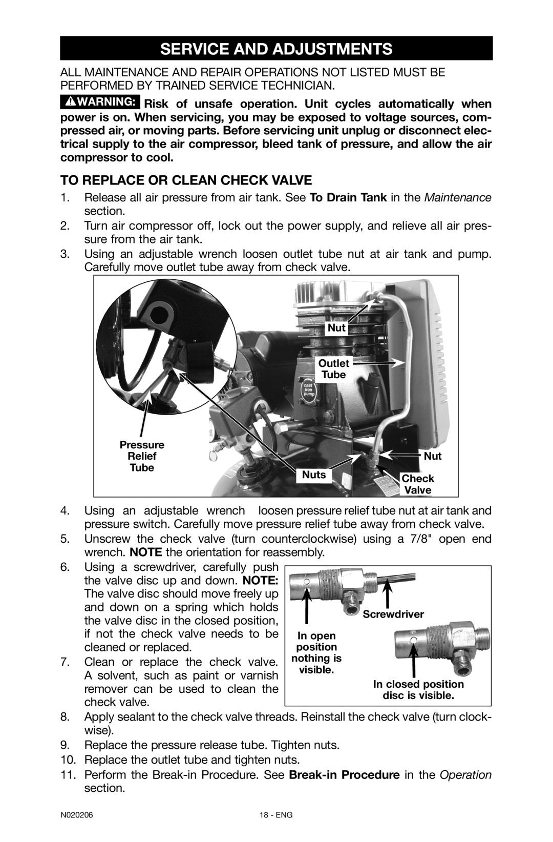 Porter-Cable N020206-NOV08-0, C7501M instruction manual Service And Adjustments, To Replace or Clean Check Valve 