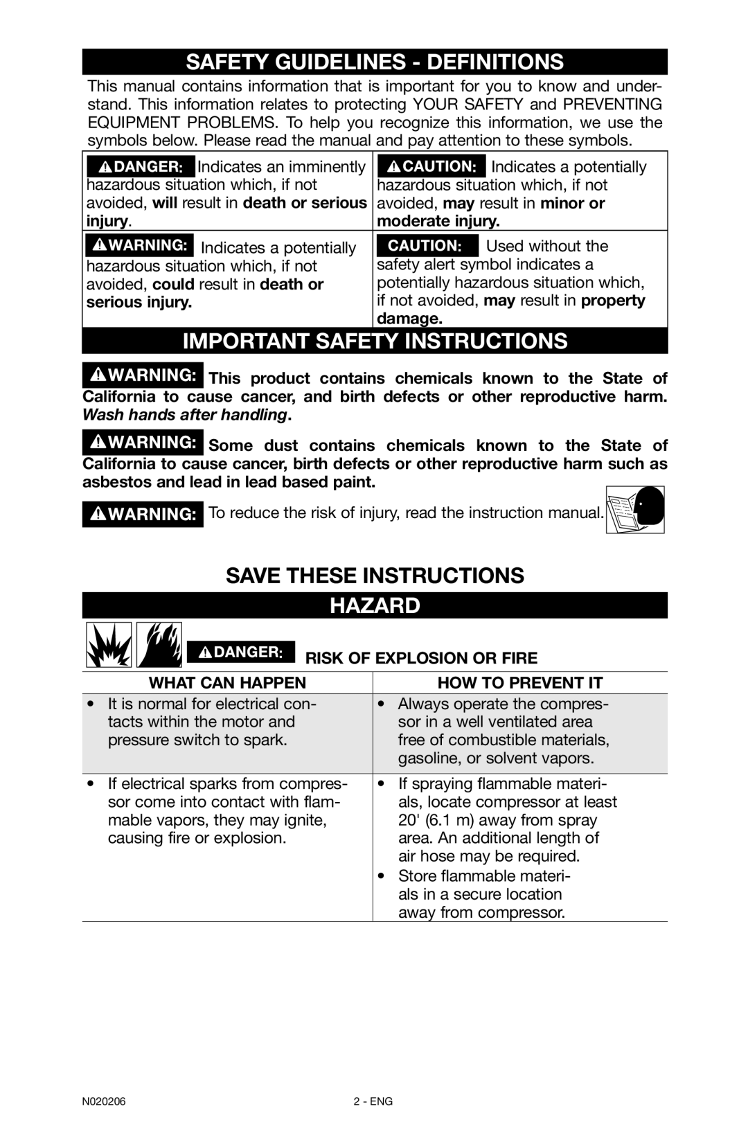 Porter-Cable N020206-NOV08-0 Safety Guidelines - Definitions, Important Safety Instructions, Save These Instructions 