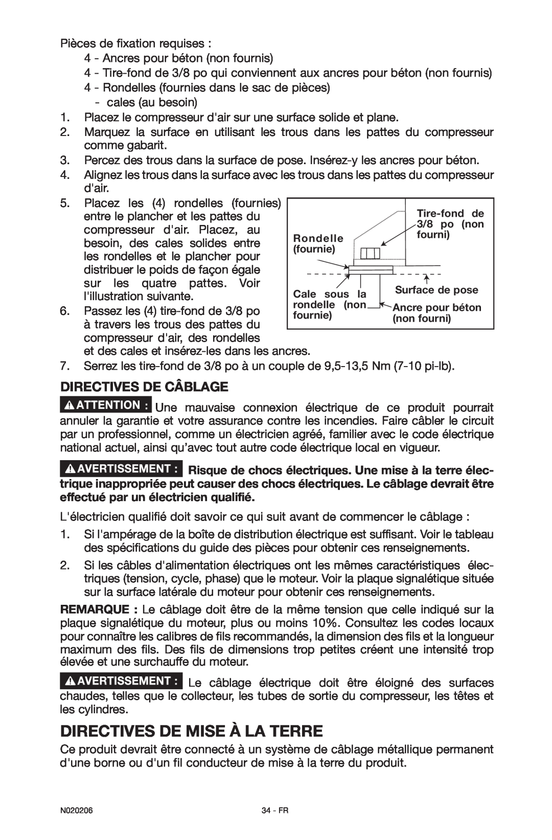 Porter-Cable N020206-NOV08-0, C7501M instruction manual Directives De Mise À La Terre, Directives de câblage 