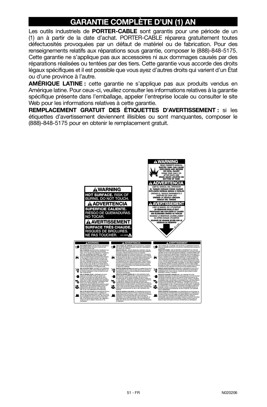 Porter-Cable C7501M, N020206-NOV08-0 instruction manual Garantie complète d’un 1 an 